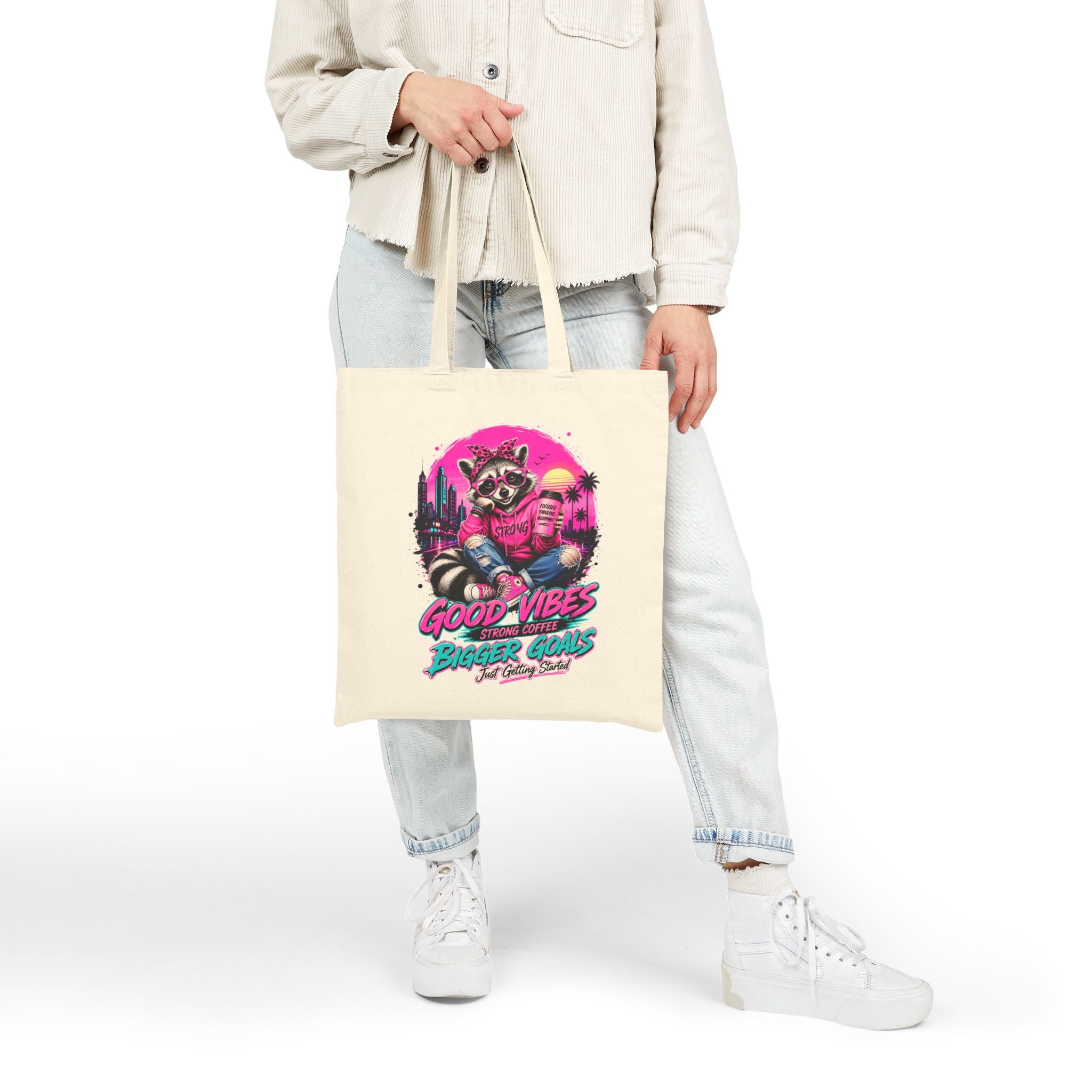 Cute Raccoon Tote Bag, Coffee Lover Gift, Good Vibes Bigger Goals Bag, Funny Reusable Grocery Tote, Aesthetic Canvas Style Shoulder Bag