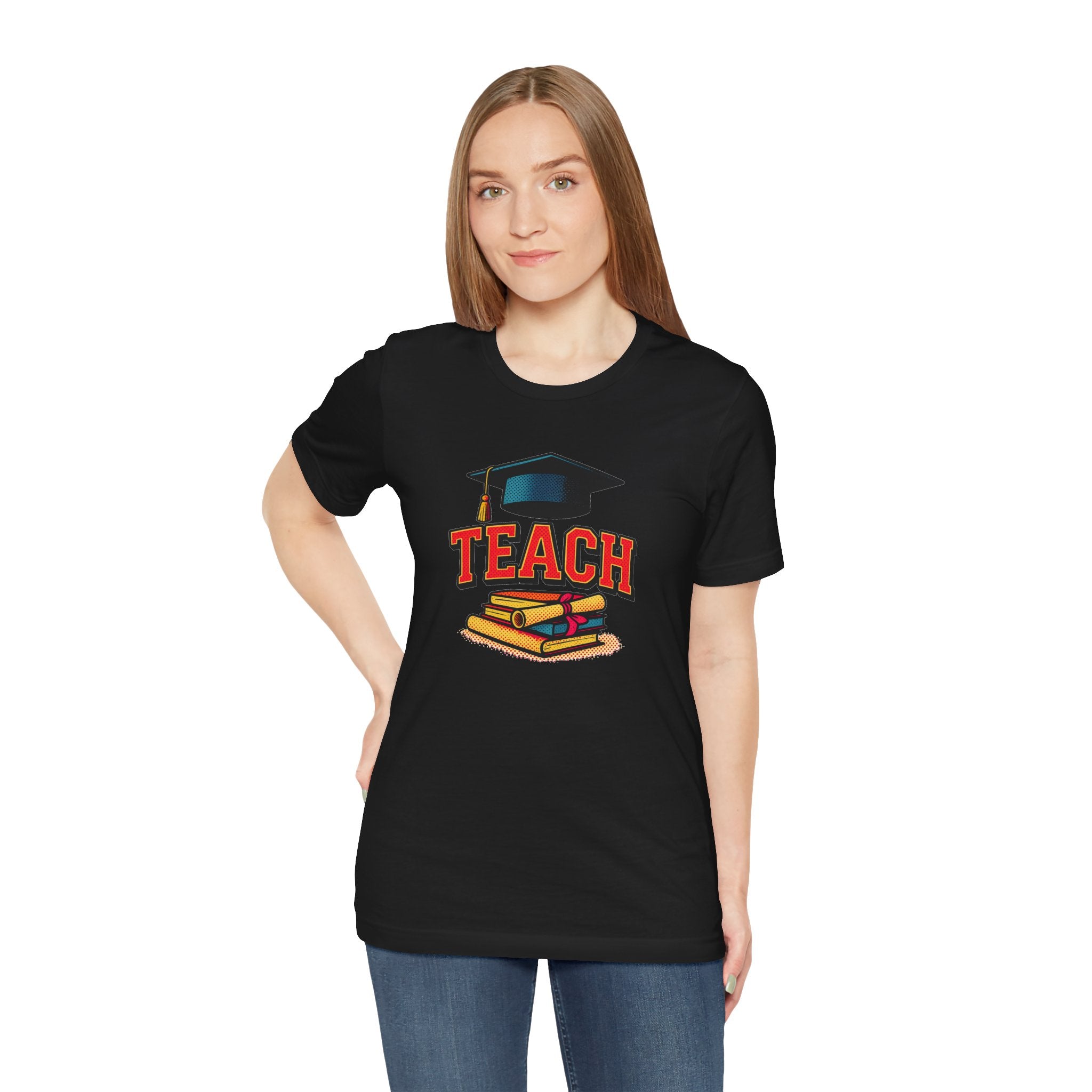 Teach Graduation T‑Shirt — Teacher Gift Tee with Cap & Books Design