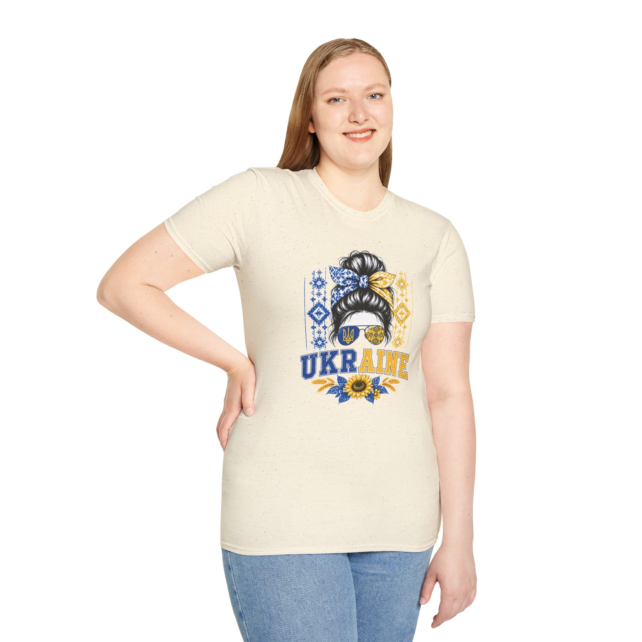 Ukraine Sunflower Hair Bun T-Shirt — Messy Bun with Blue & Yellow Bandana