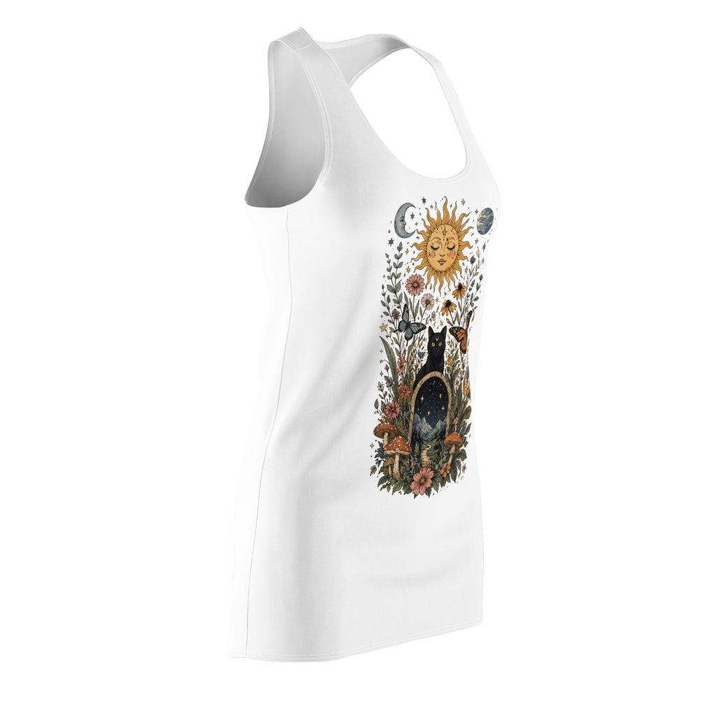 Mystic Sun & Black Cat Racerback Dress — Boho Floral Astrology AOP