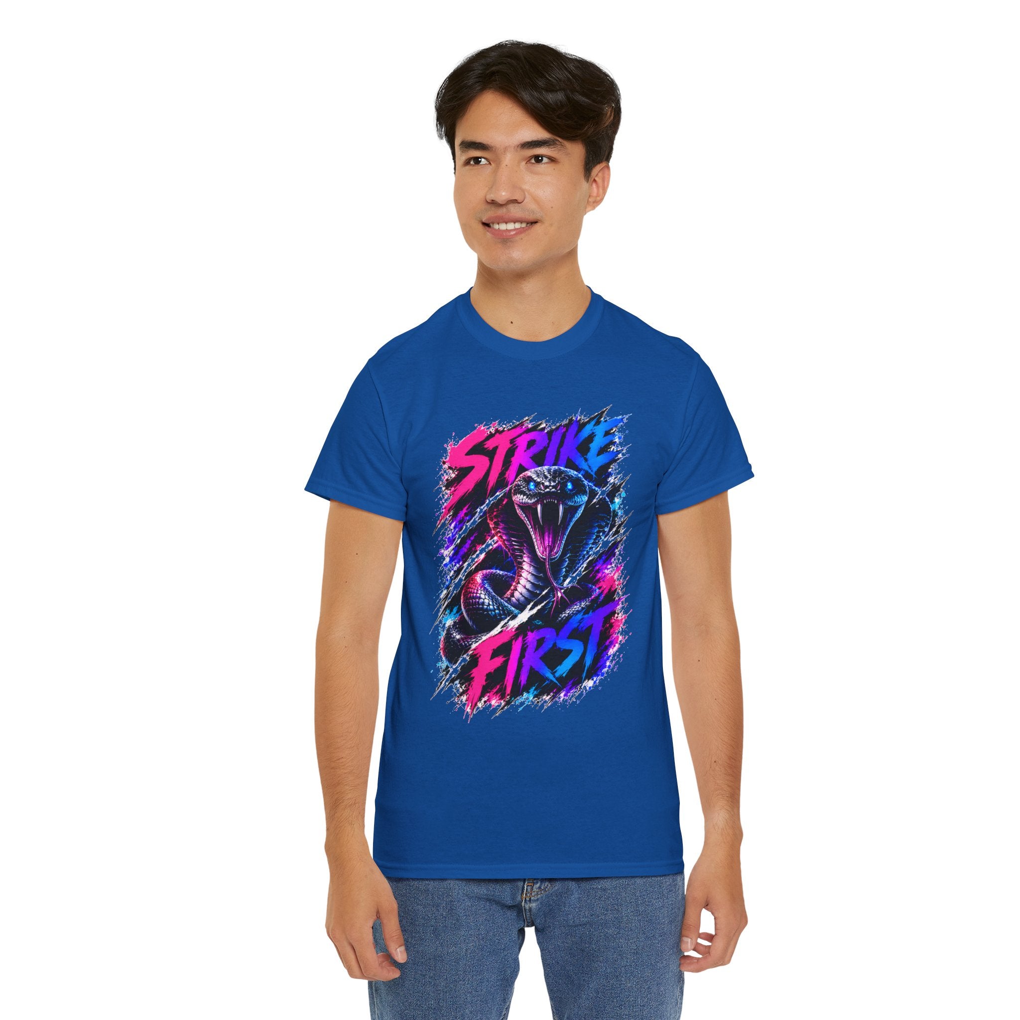 Strike First Cobra T-Shirt | Neon Snake Graphic Tee | Bold Streetwear Shirt | Unisex Graphic Tee