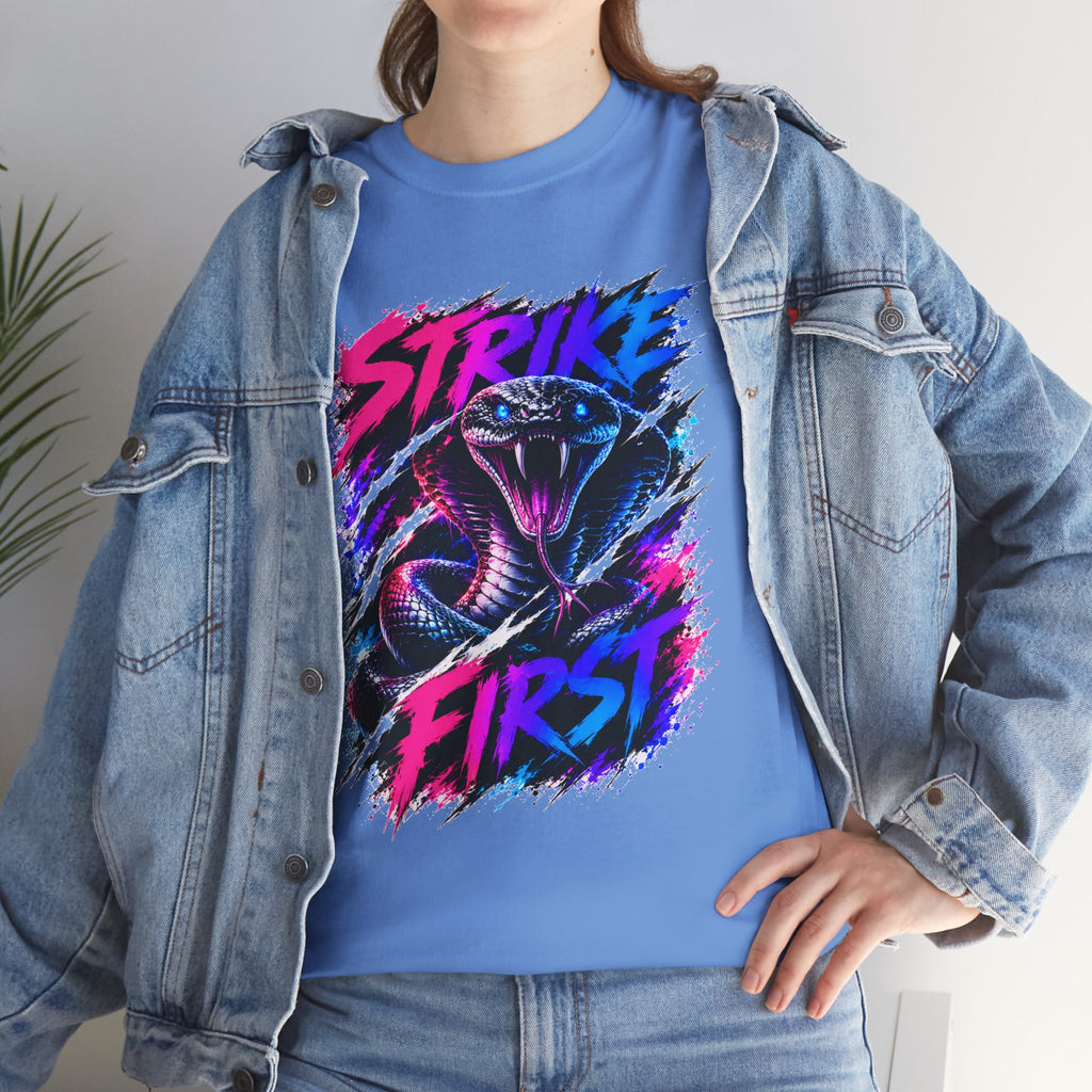 Strike First Cobra T-Shirt | Neon Snake Graphic Tee | Bold Streetwear Shirt | Unisex Graphic Tee