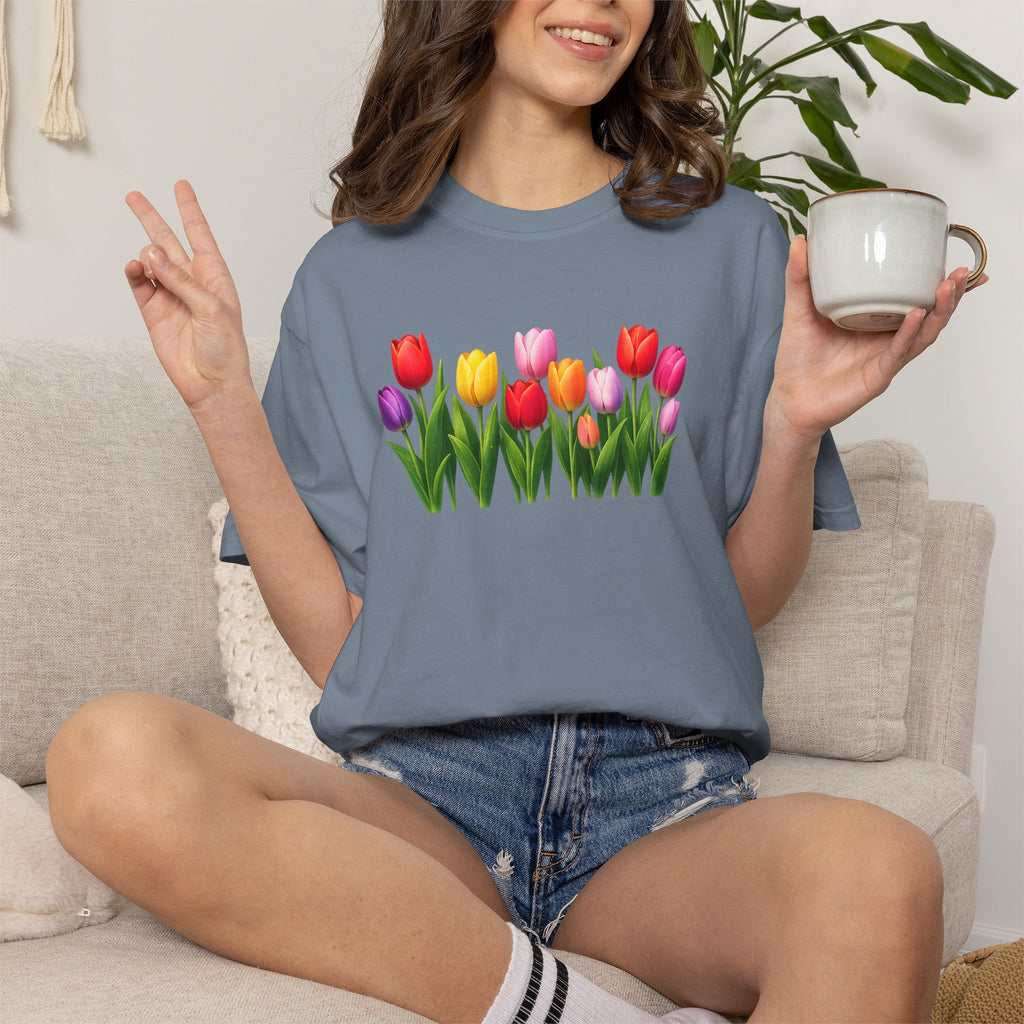 Colorful Tulip Shirt, Floral T-Shirt for Women, Botanical Graphic Tee, Spring Garden Shirt, Comfort Colors Tee