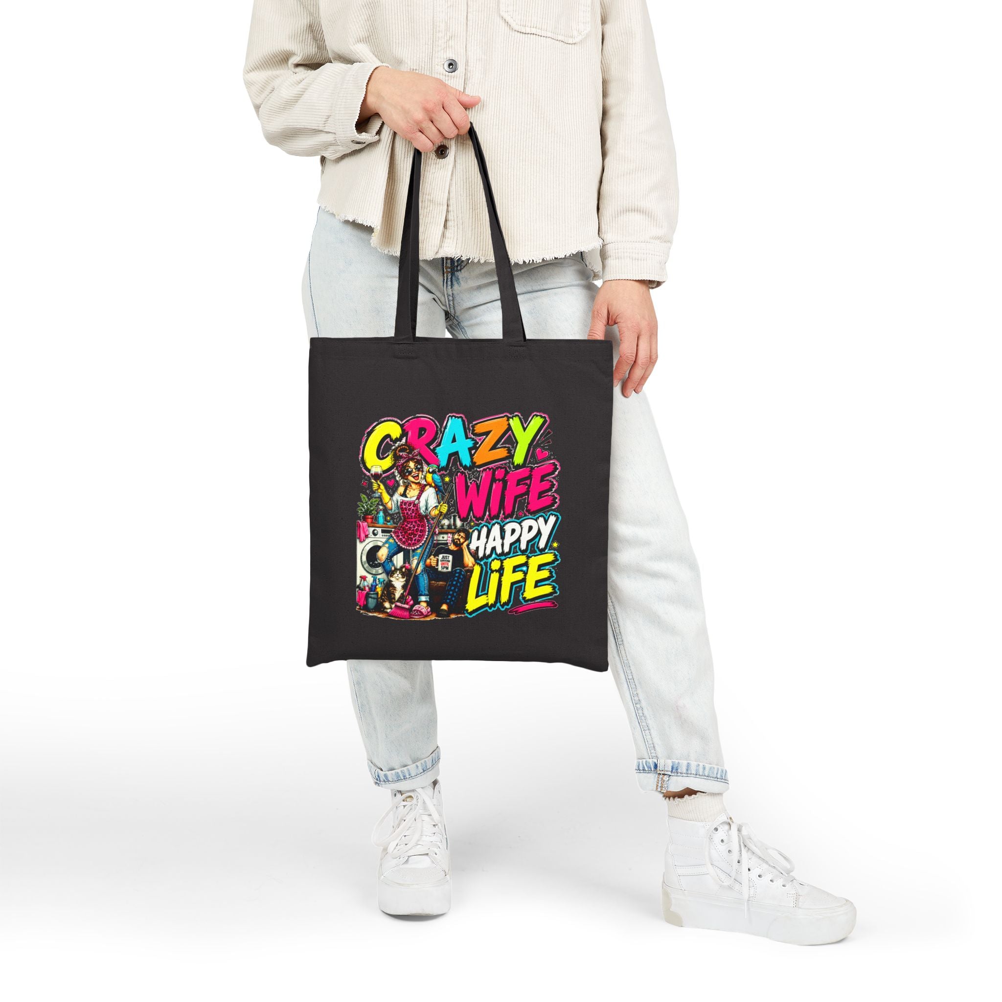 Crazy Wife Happy Life Tote Bag, Funny Wife Gift, Funny Marriage Canvas Bag, Wife Humor Gift, Anniversary Gift, Reusable Shopping Tote