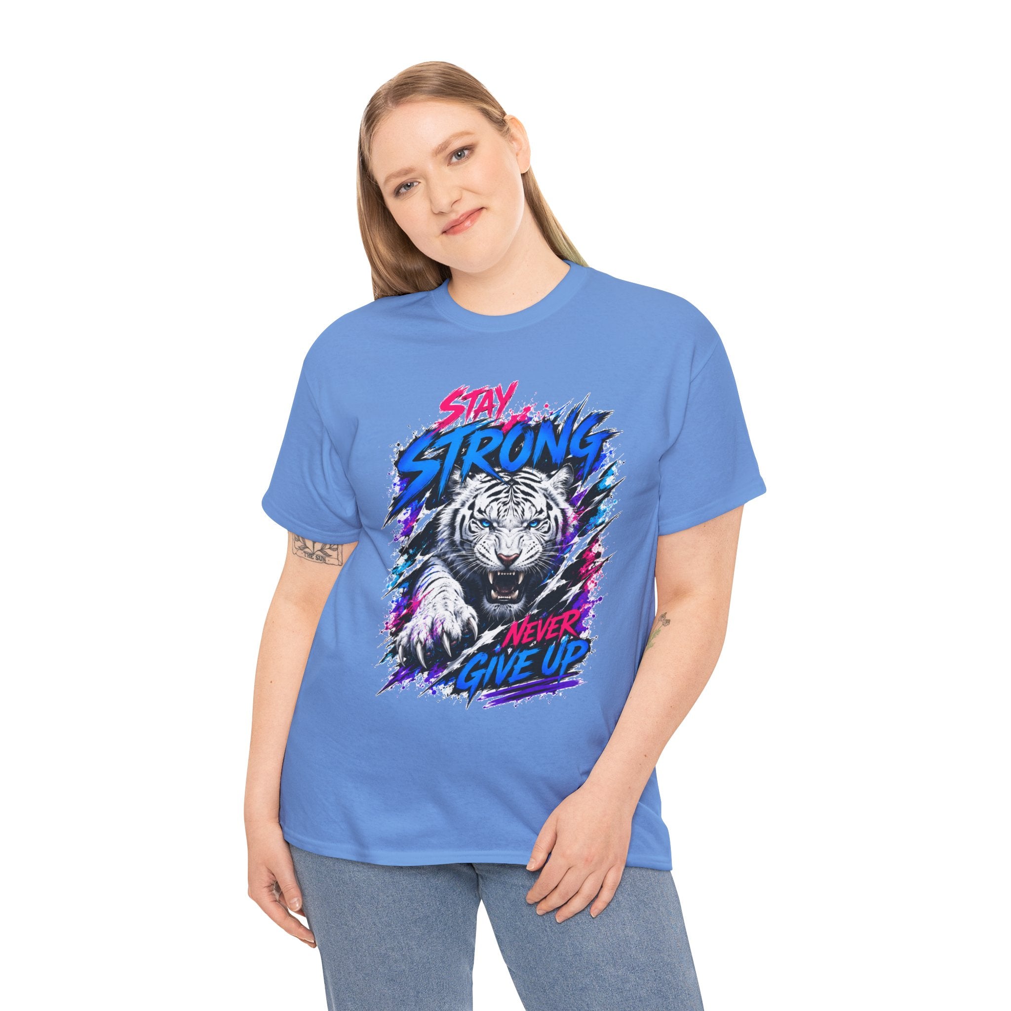 Stay Strong Never Give Up Tiger T-Shirt | White Tiger Graphic Tee | Motivational Unisex Shirt | Inspirational Animal Tee | Gift for Tiger Lovers