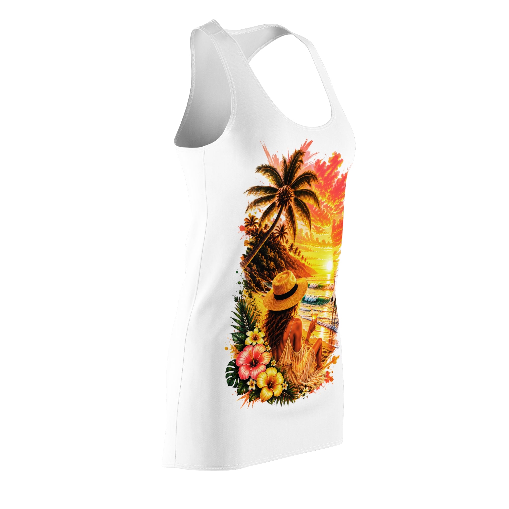 Tropical Sunset Racerback Dress — Beach Vibes, Palm Trees & Surf
