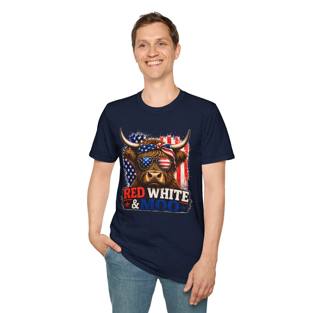 Patriotic Cow Graphic T-Shirt — "Red White & Moo" American Flag Tee