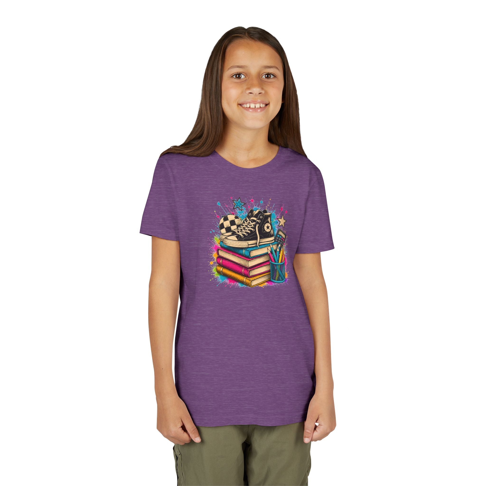 Kids Back-to-School Tee — Colorful Books, Sneakers & Pencils Graphic