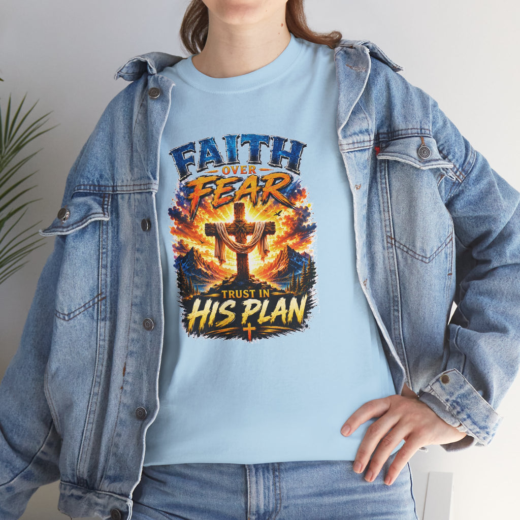 Faith Over Fear Christian T-Shirt | Trust in His Plan Cross Graphic Tee | Religious Unisex Shirt | Christian Gift