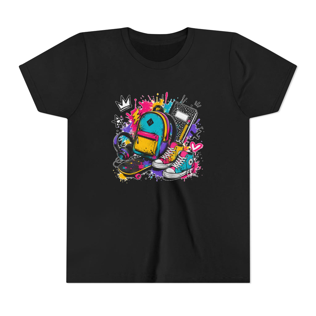 Youth Tee — Colorful Back-to-School Backpack Skateboard Graphic
