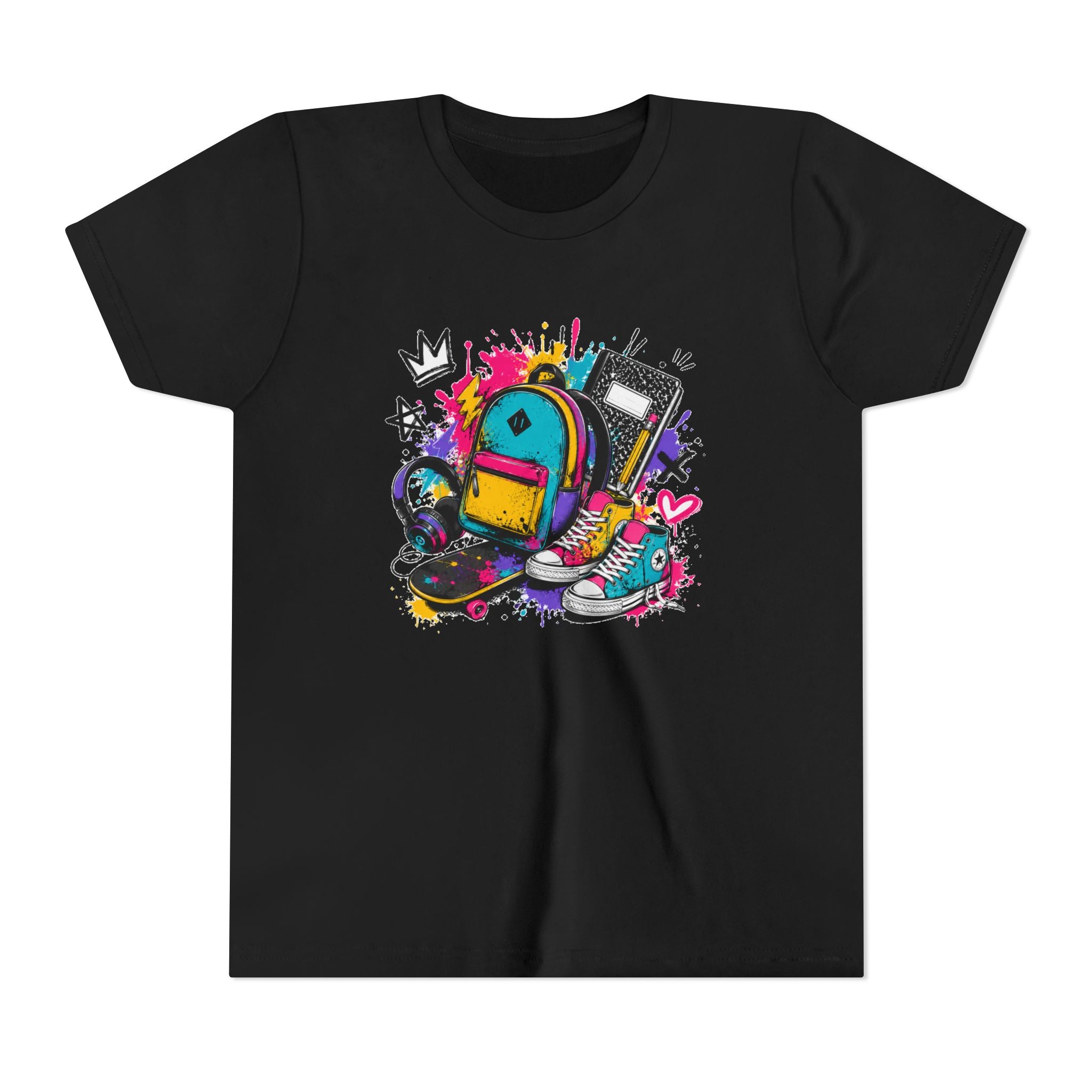 Youth Tee — Colorful Back-to-School Backpack Skateboard Graphic