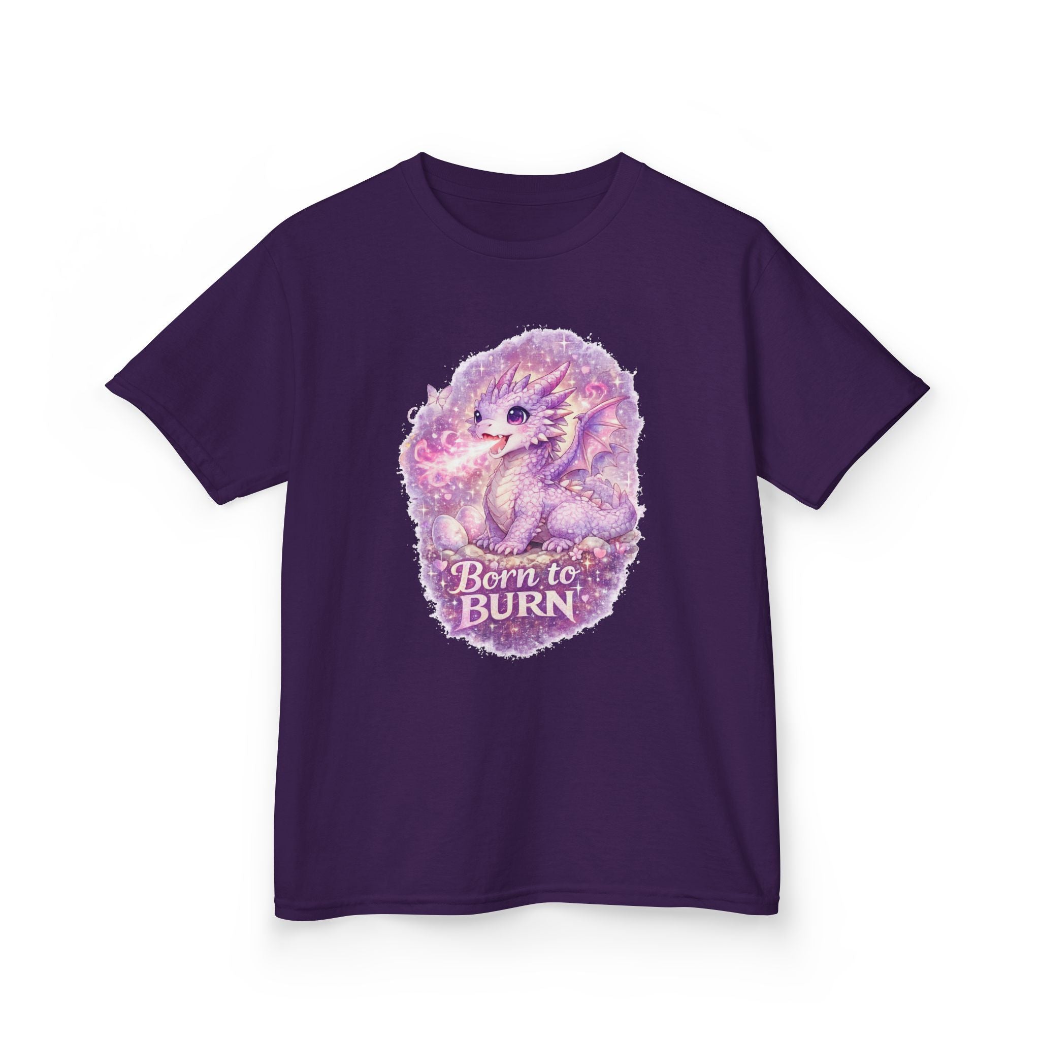Cute Purple Dragon Kids T-Shirt, Fantasy Dragon Tee for Girls, Born to Burn Graphic Shirt, Magical Dragon Shirt, Kids Fantasy Clothing
