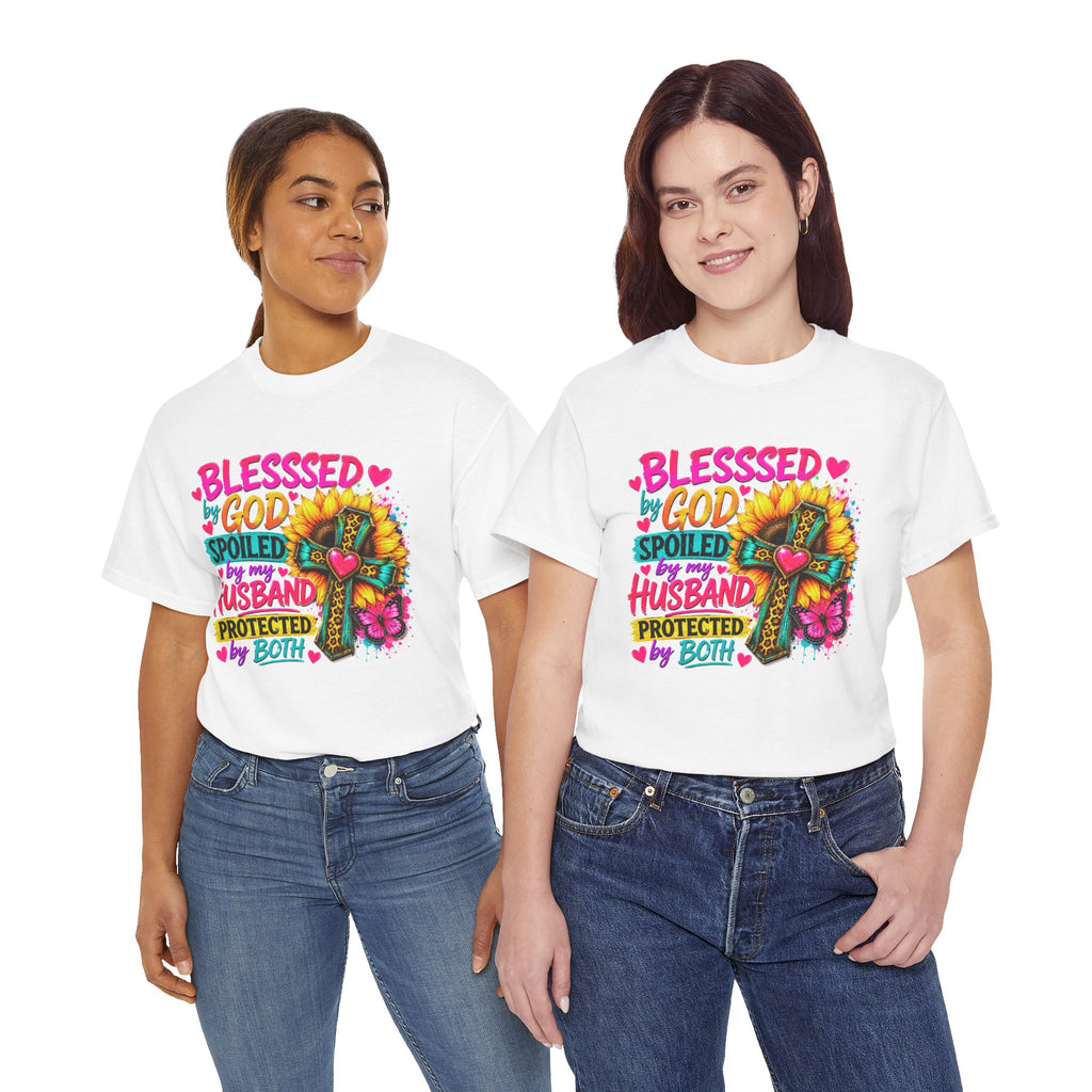 Blessed by God Spoiled by My Husband Tee — Christian Cross Floral Women's Shirt