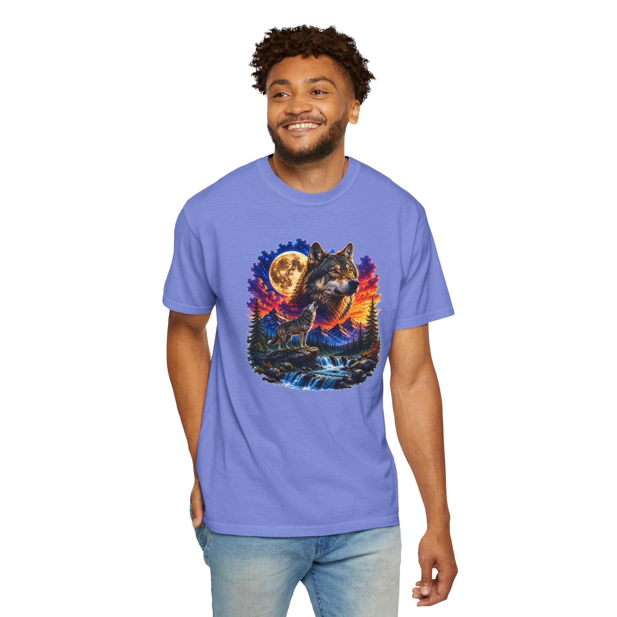 Colorful Wolf Moon T-Shirt, Nature Lover Gift, Howling Wolf Graphic Tee, Mountain Forest Shirt, Wildlife Adventure Tee