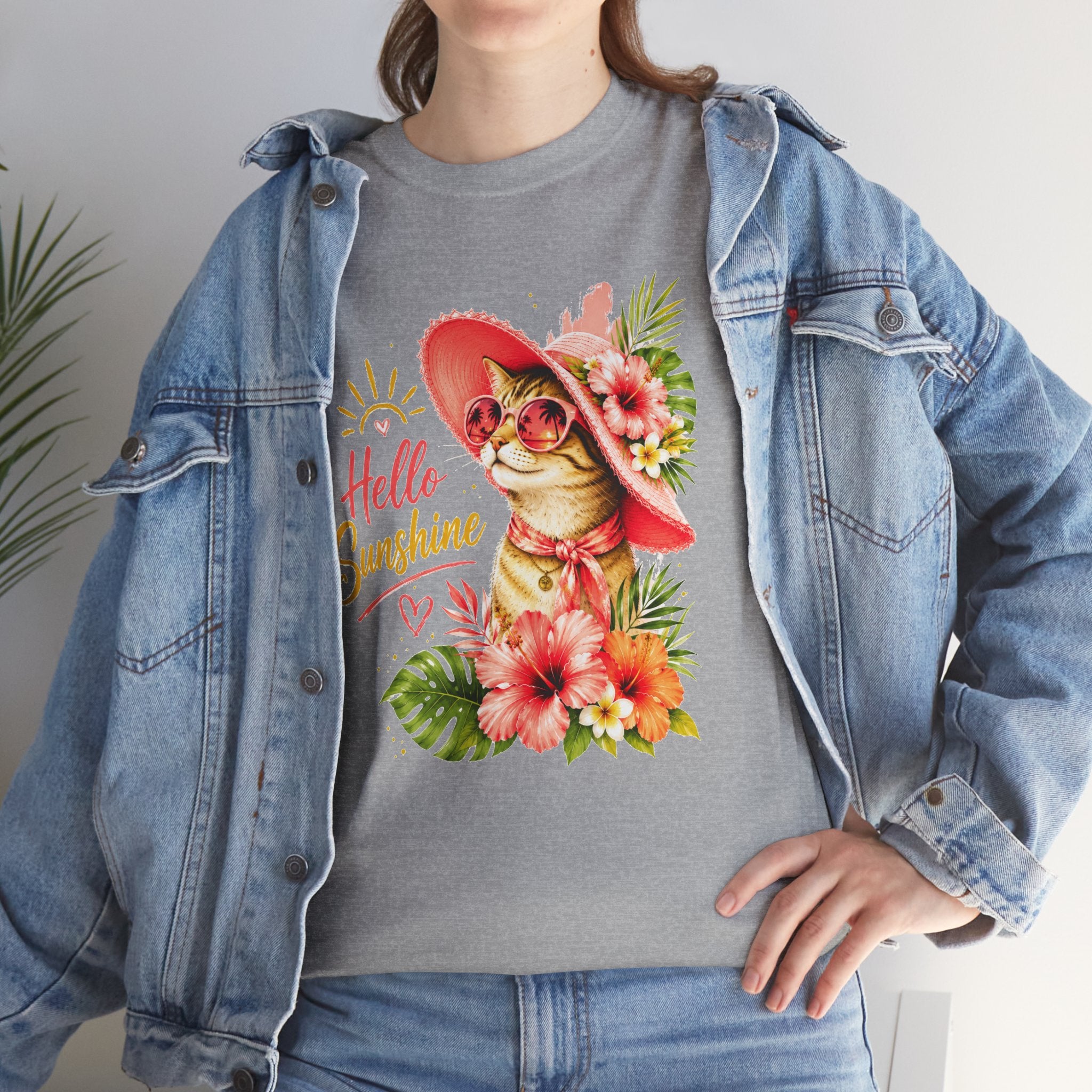 Hello Sunshine Cat Shirt | Cute Floral Cat T-Shirt | Tropical Summer Kitty Tee | Cat Lover Gift | Cute Women's Graphic Tee