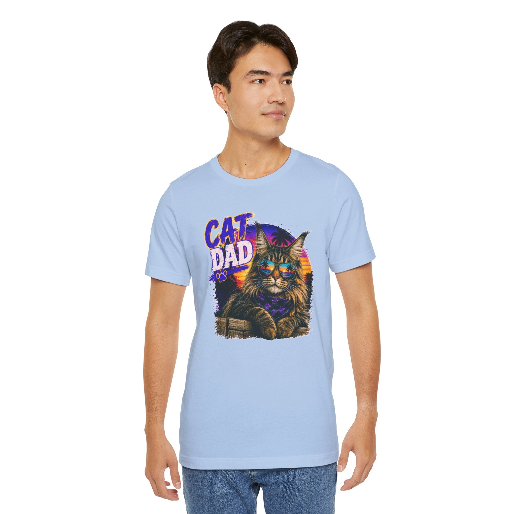 Cat Dad Maine Coon T-Shirt | Retro Sunset Cat Lover Shirt | Funny Cat Dad Gift | Vintage Graphic Tee for Men