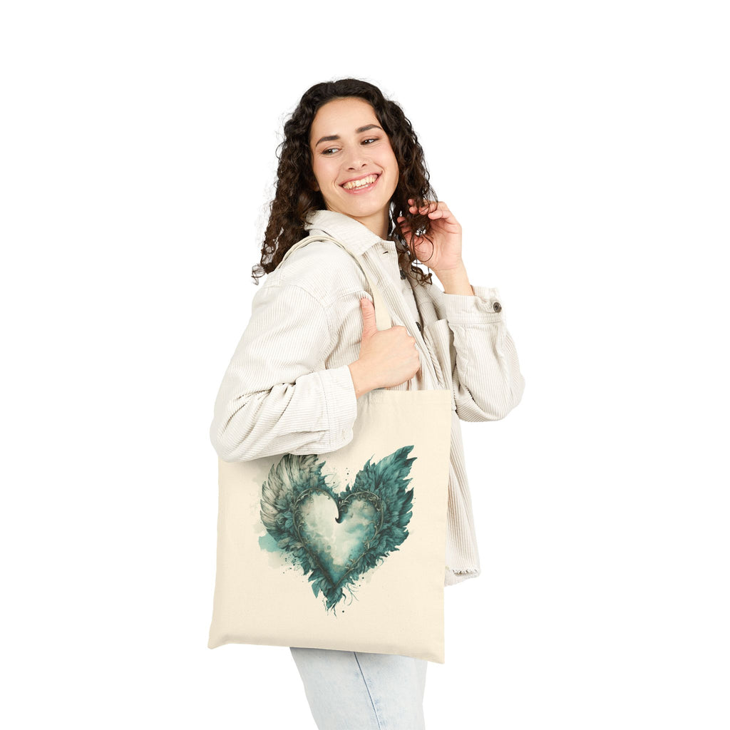 Cute Canvas Tote Bag with Teal Watercolor Angel Wings Heart Design