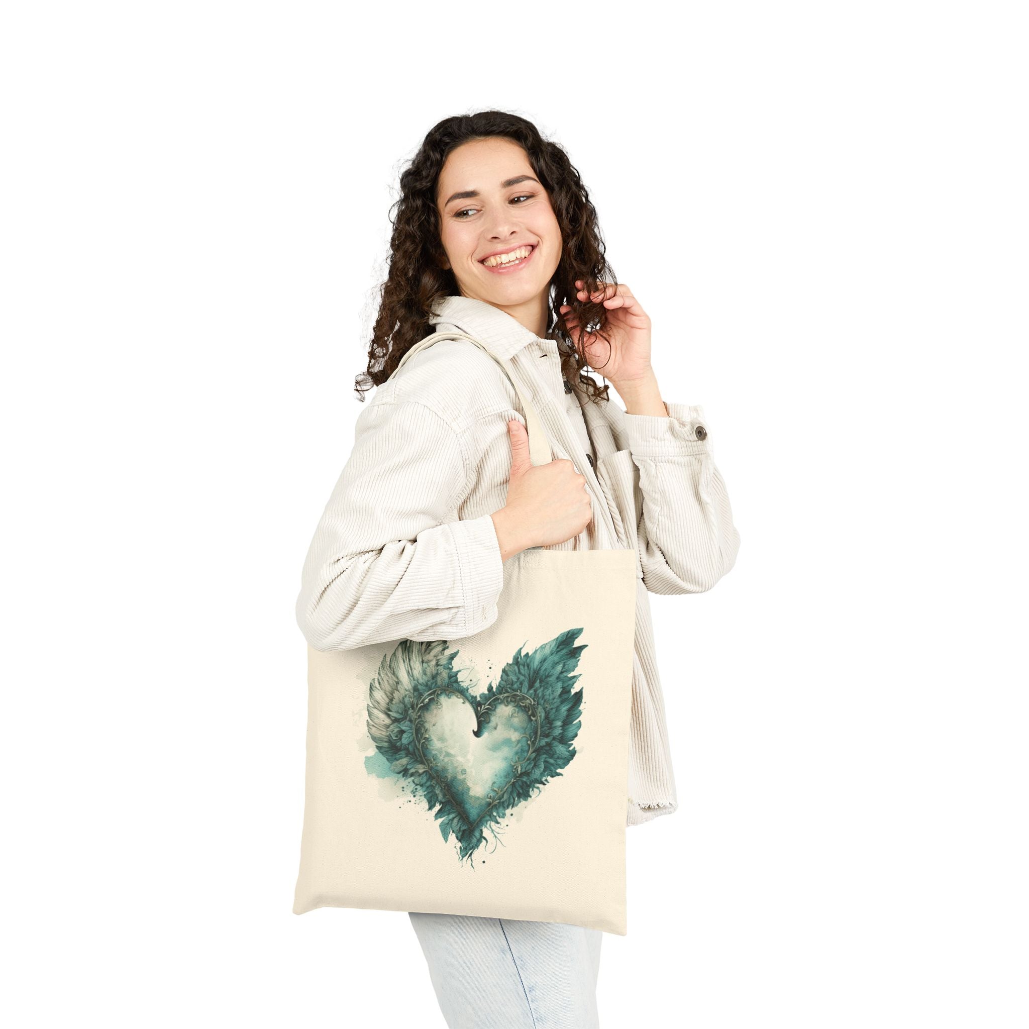 Cute Canvas Tote Bag with Teal Watercolor Angel Wings Heart Design