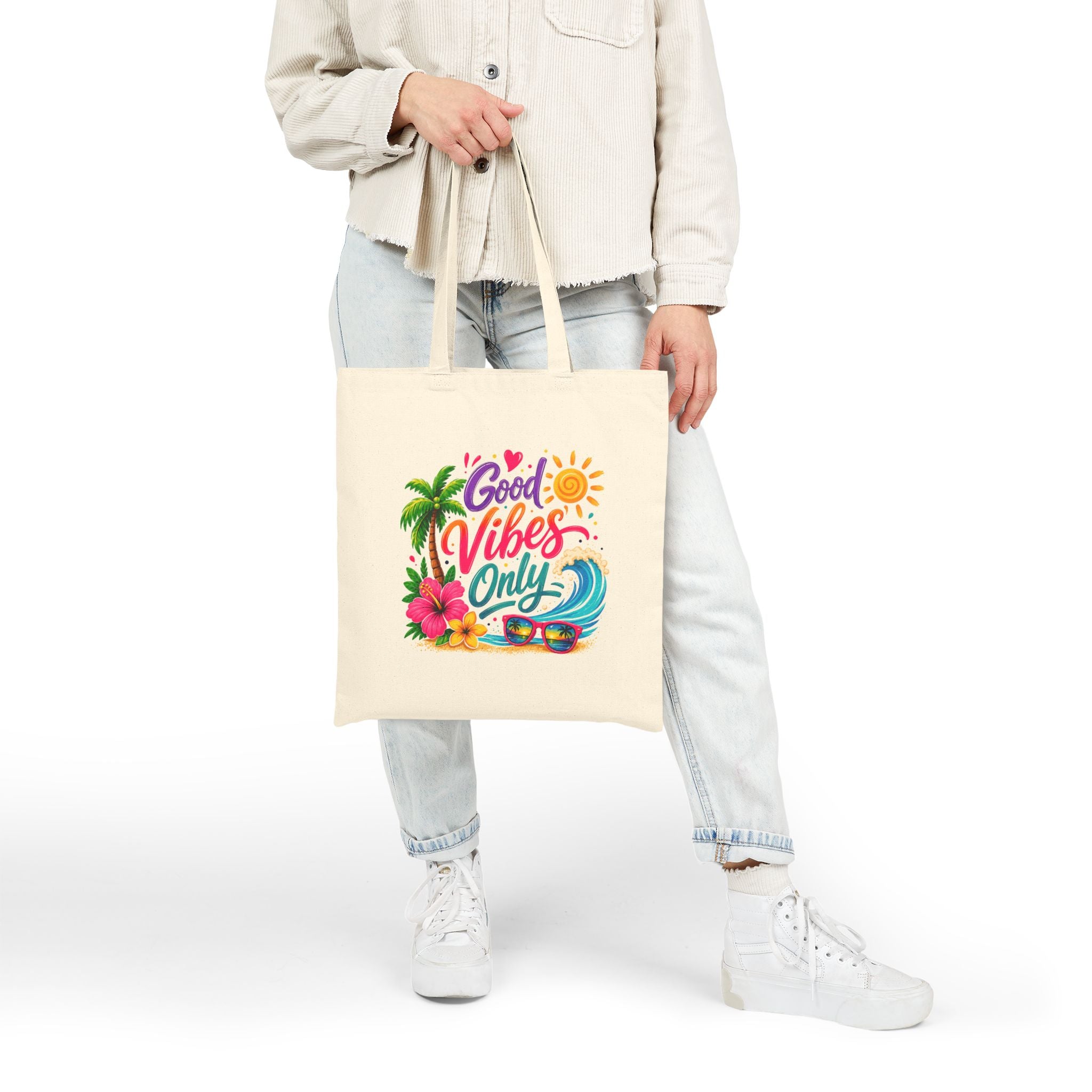 Good Vibes Only Beach Tote Bag, Tropical Canvas Shopper, Summer Vacation Tote, Coastal Gift for Women