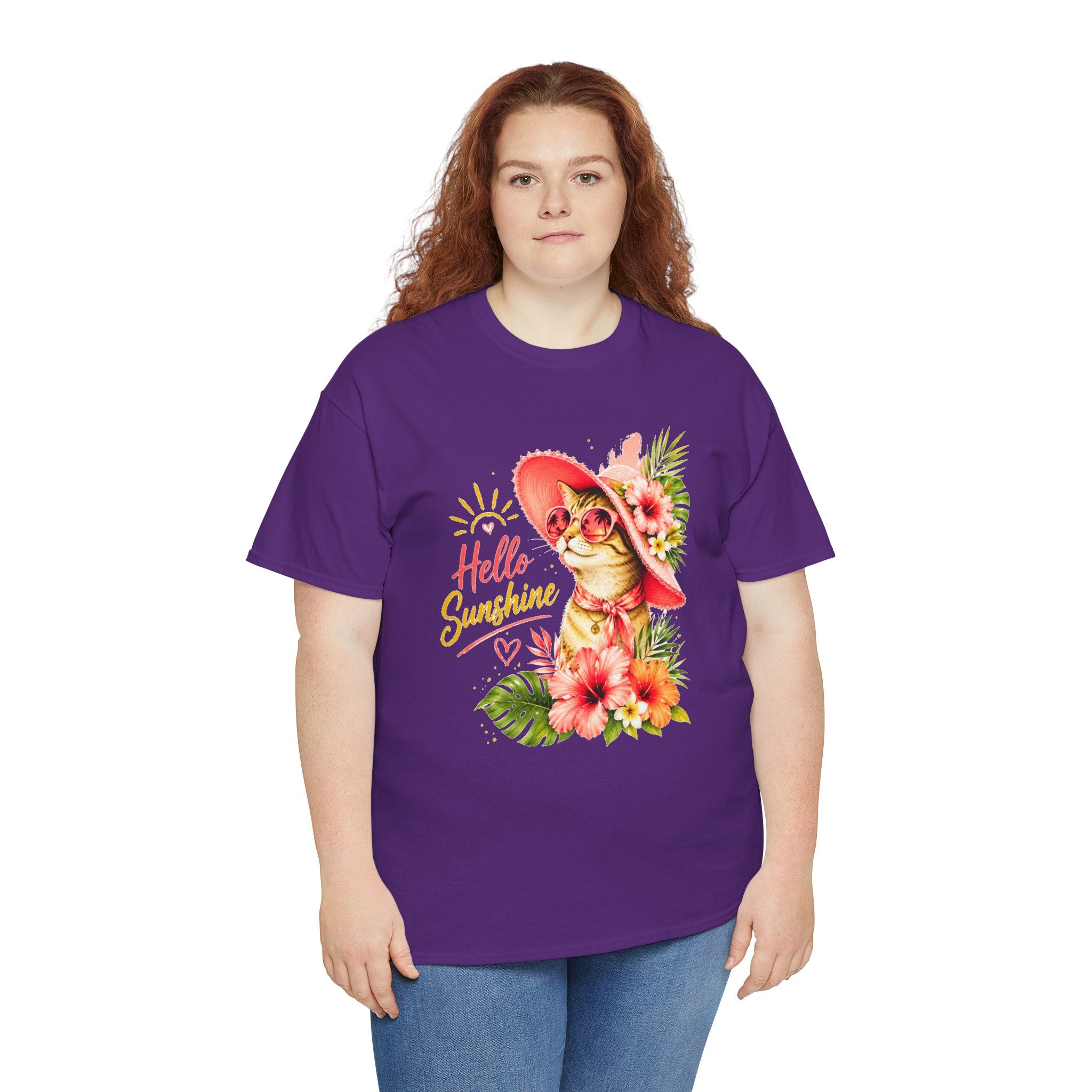 Hello Sunshine Cat Shirt | Cute Floral Cat T-Shirt | Tropical Summer Kitty Tee | Cat Lover Gift | Cute Women's Graphic Tee