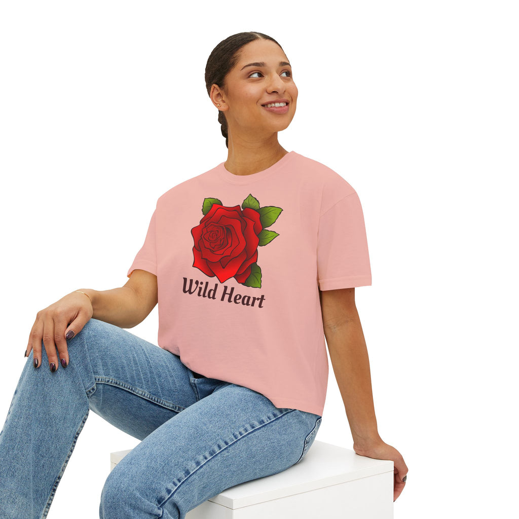 Wild Heart Rose T-Shirt for Women Vintage Floral Boxy Tee