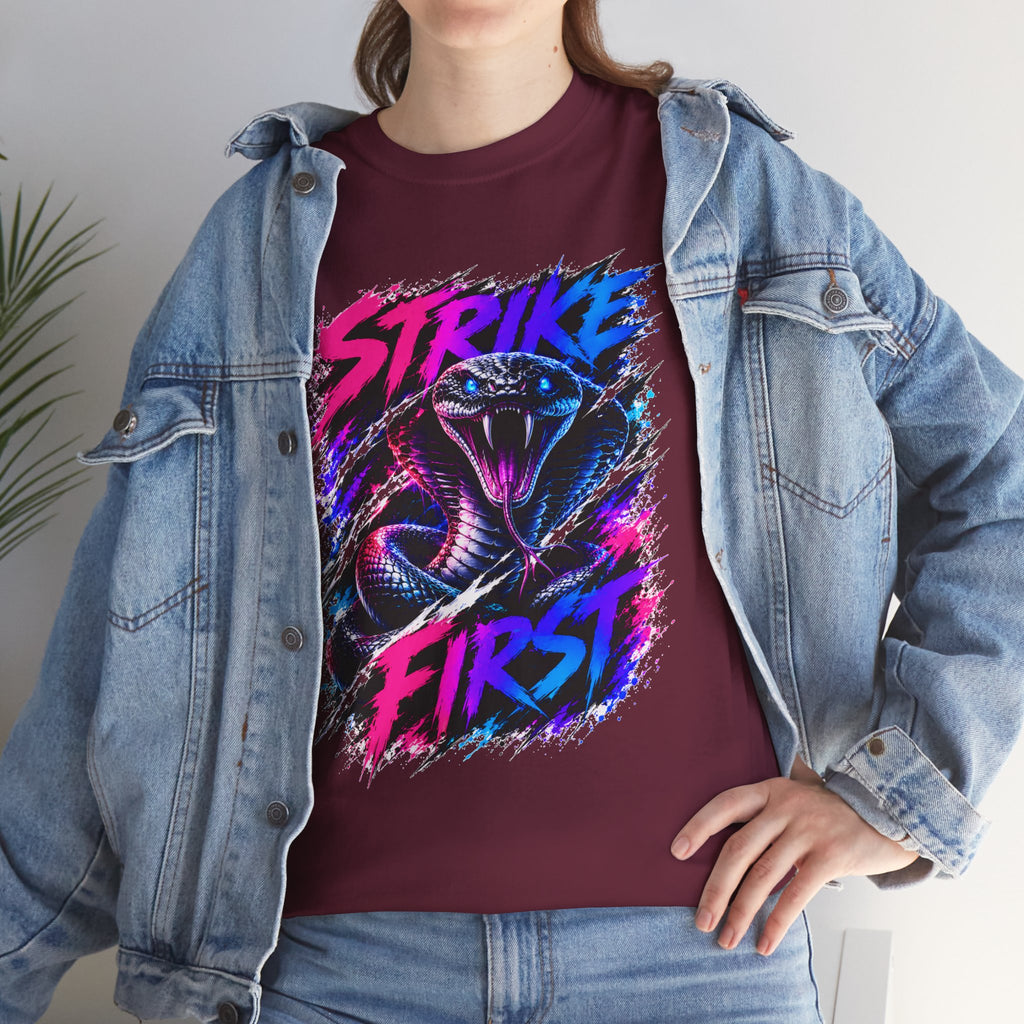 Strike First Cobra T-Shirt | Neon Snake Graphic Tee | Bold Streetwear Shirt | Unisex Graphic Tee