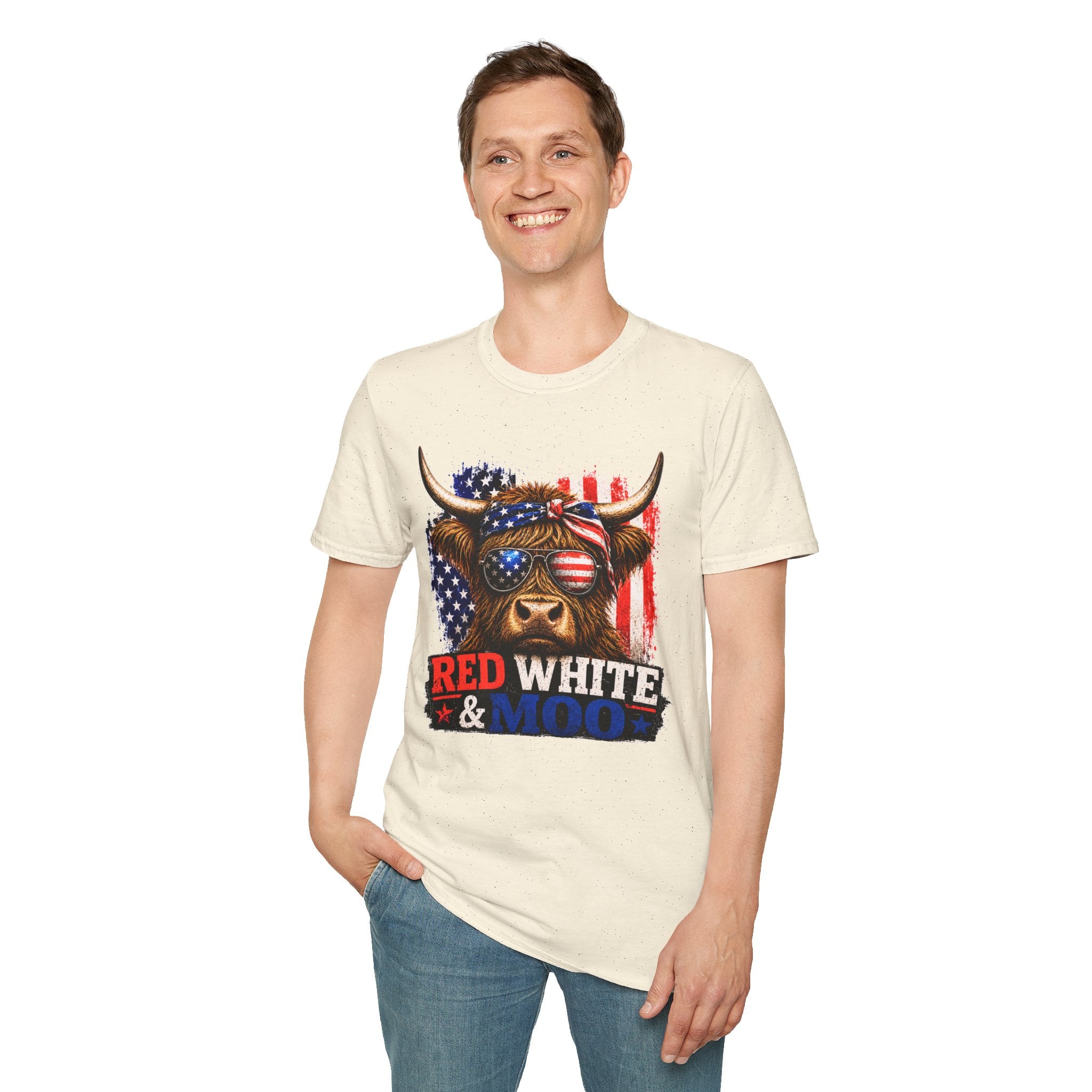 Patriotic Cow Graphic T-Shirt — "Red White & Moo" American Flag Tee