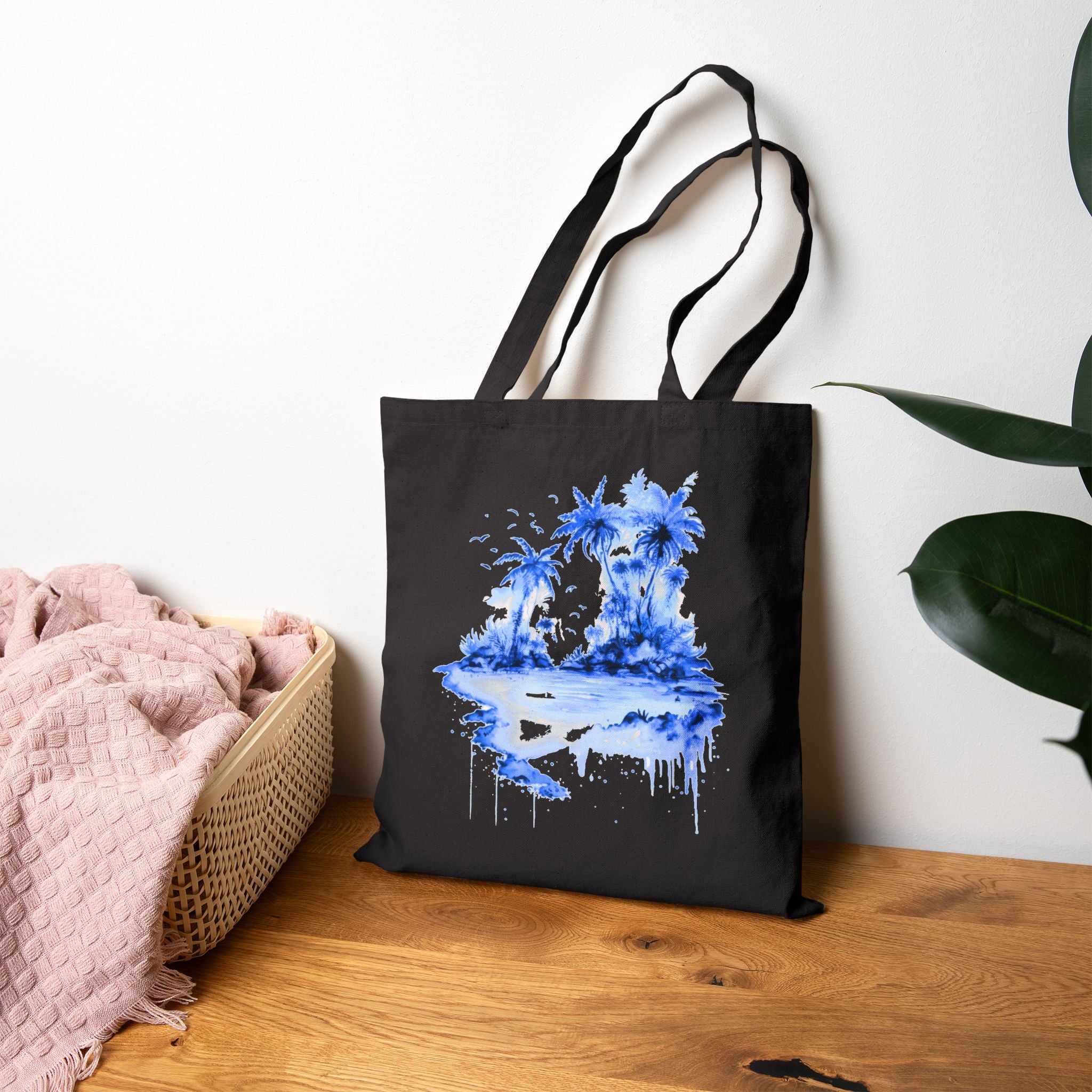 Blue Watercolor Tropical Island Tote Bag | Palm Trees Beach Canvas