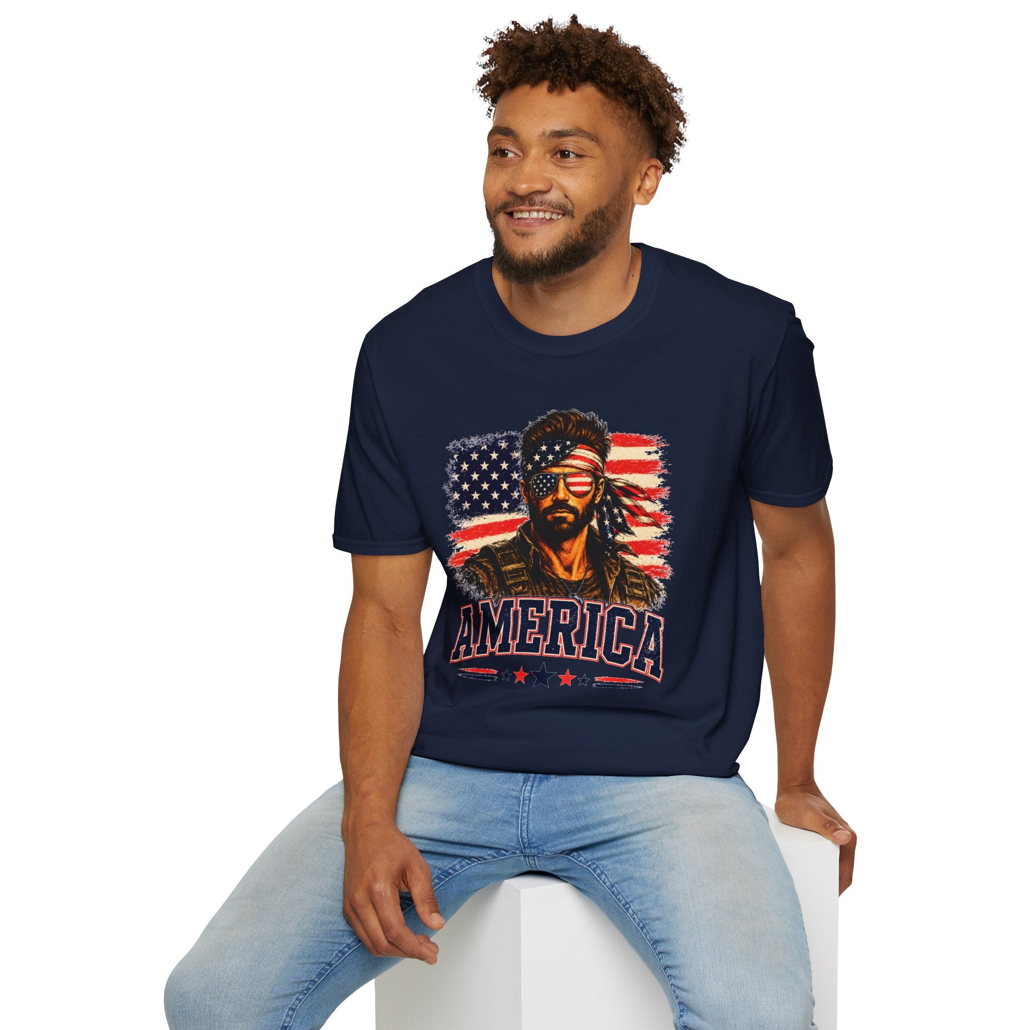 Patriotic Bandana Man T-Shirt — USA Flag Graphic Tee ("America")