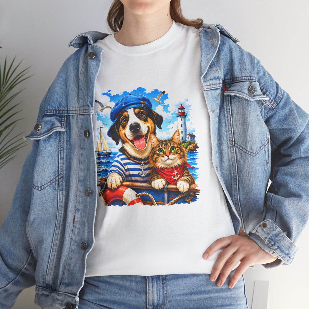 Nautical Dog & Cat T-Shirt | Sailor Pet Graphic Tee | Coastal Animal Lover Shirt | Beach Dog Cat Gift