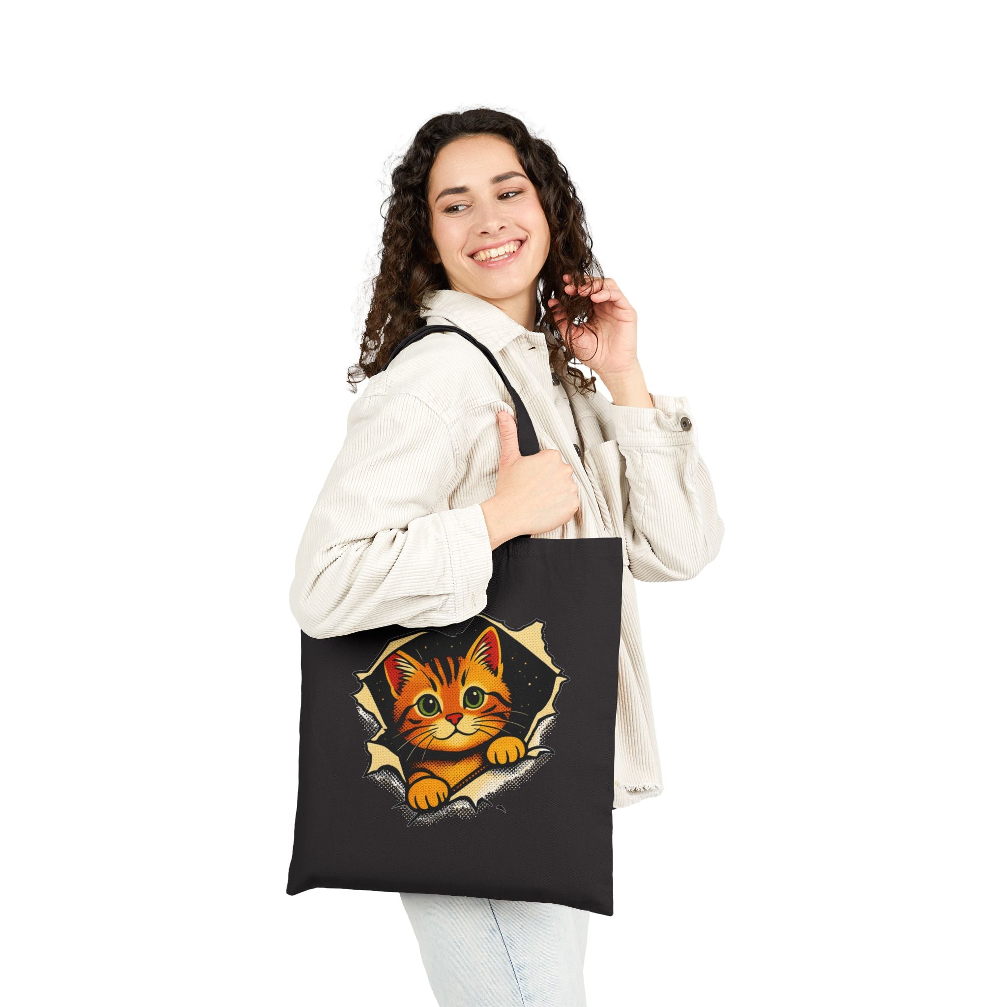 Cat Peeking Tote Bag — Cute Kitten Canvas Grocery & Book Bag