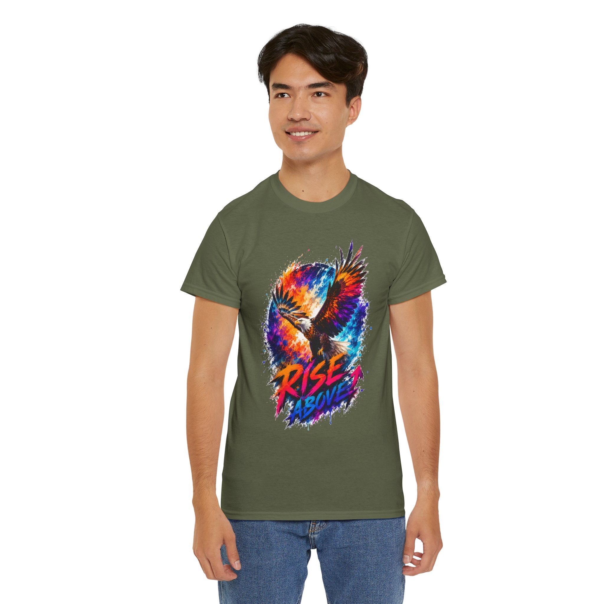 Rise Above Eagle Graphic T-Shirt | Motivational Unisex Tee | Colorful Freedom Bird Shirt