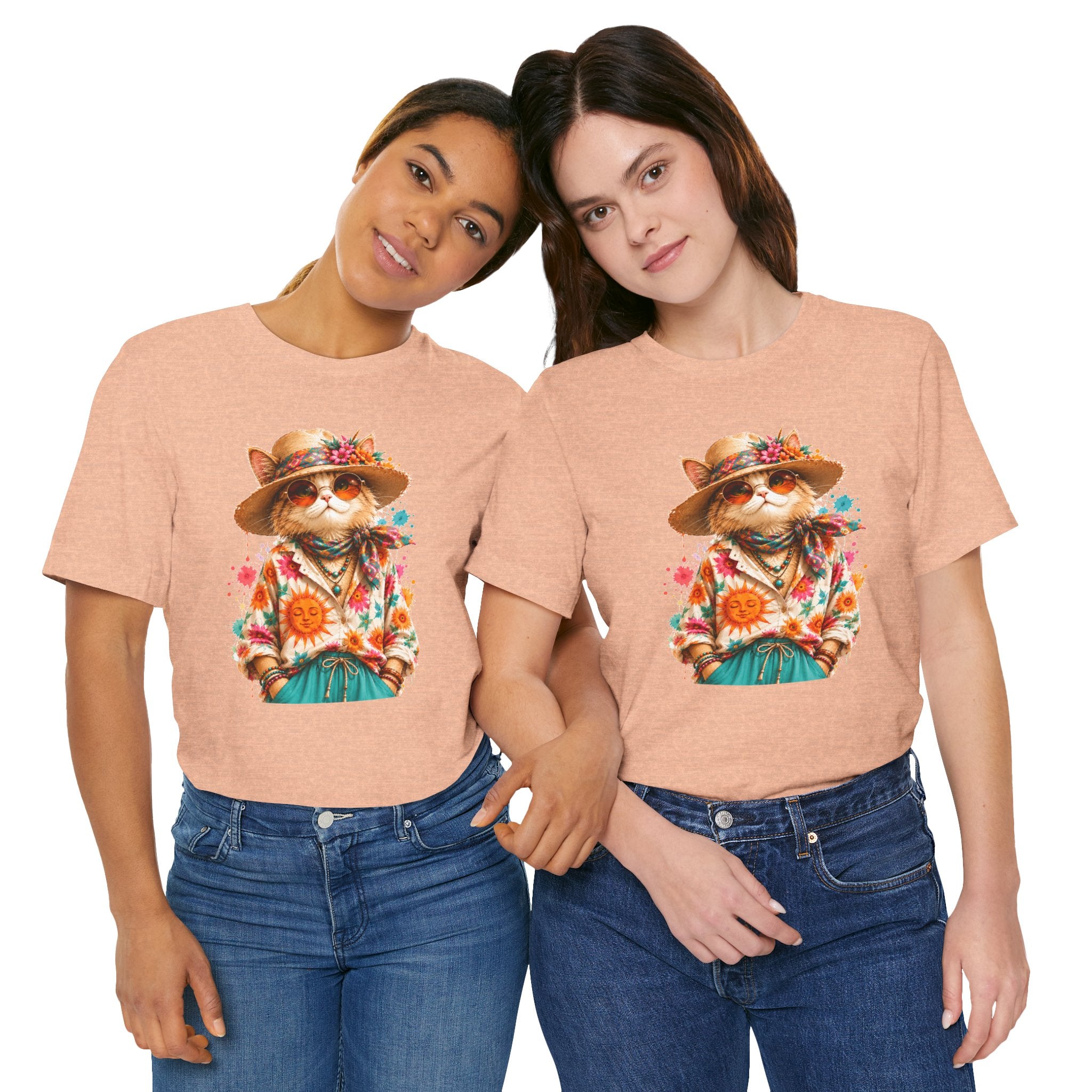 Boho Cat Graphic Tee — Floral Hat & Sunshine Cat T-Shirt