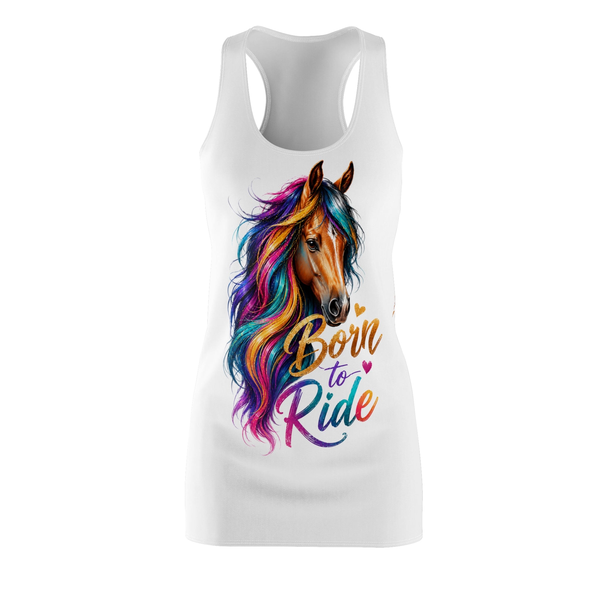 Colorful Horse Racerback Dress, Born to Ride Dress, Horse Lover Gift, Equestrian Summer Dress, Rainbow Horse Graphic Dress, Women's Casual Tank Dress