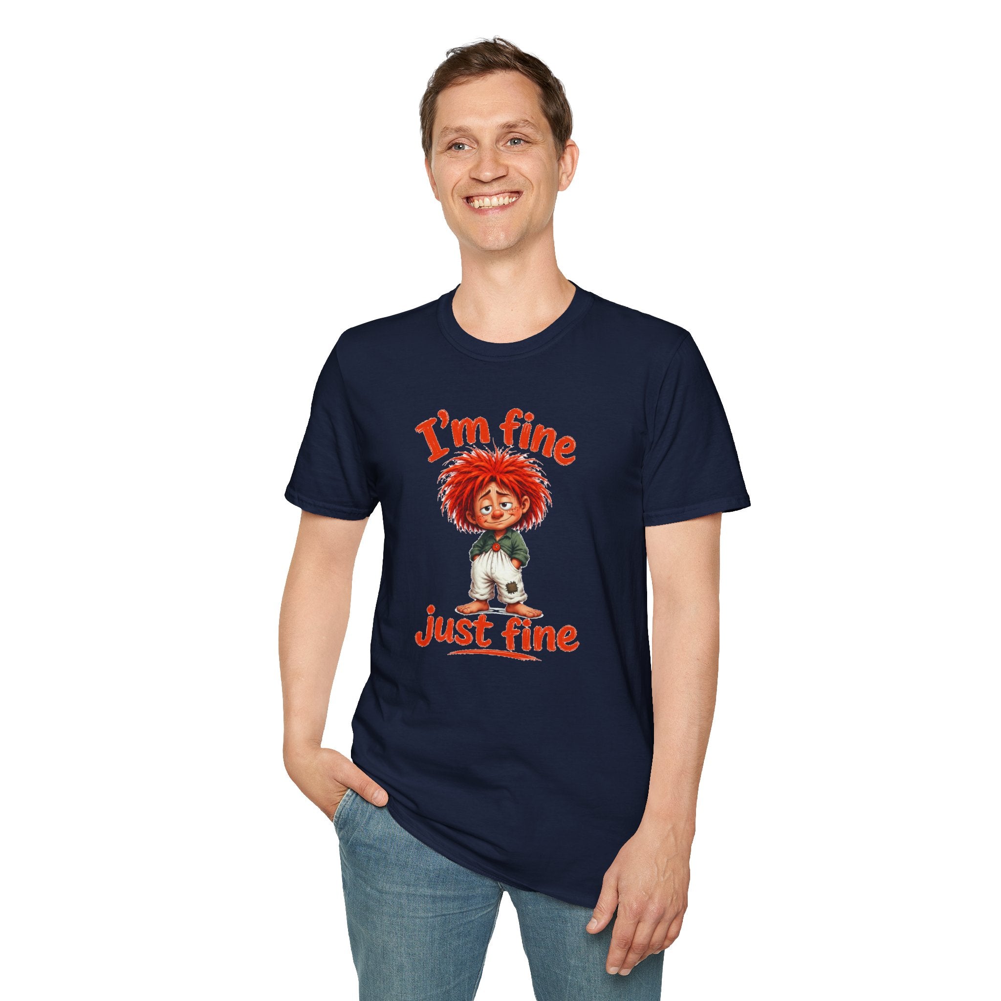I'm Fine T‑Shirt — Cute Red‑Haired Character Tee ("I'm fine, just fine")