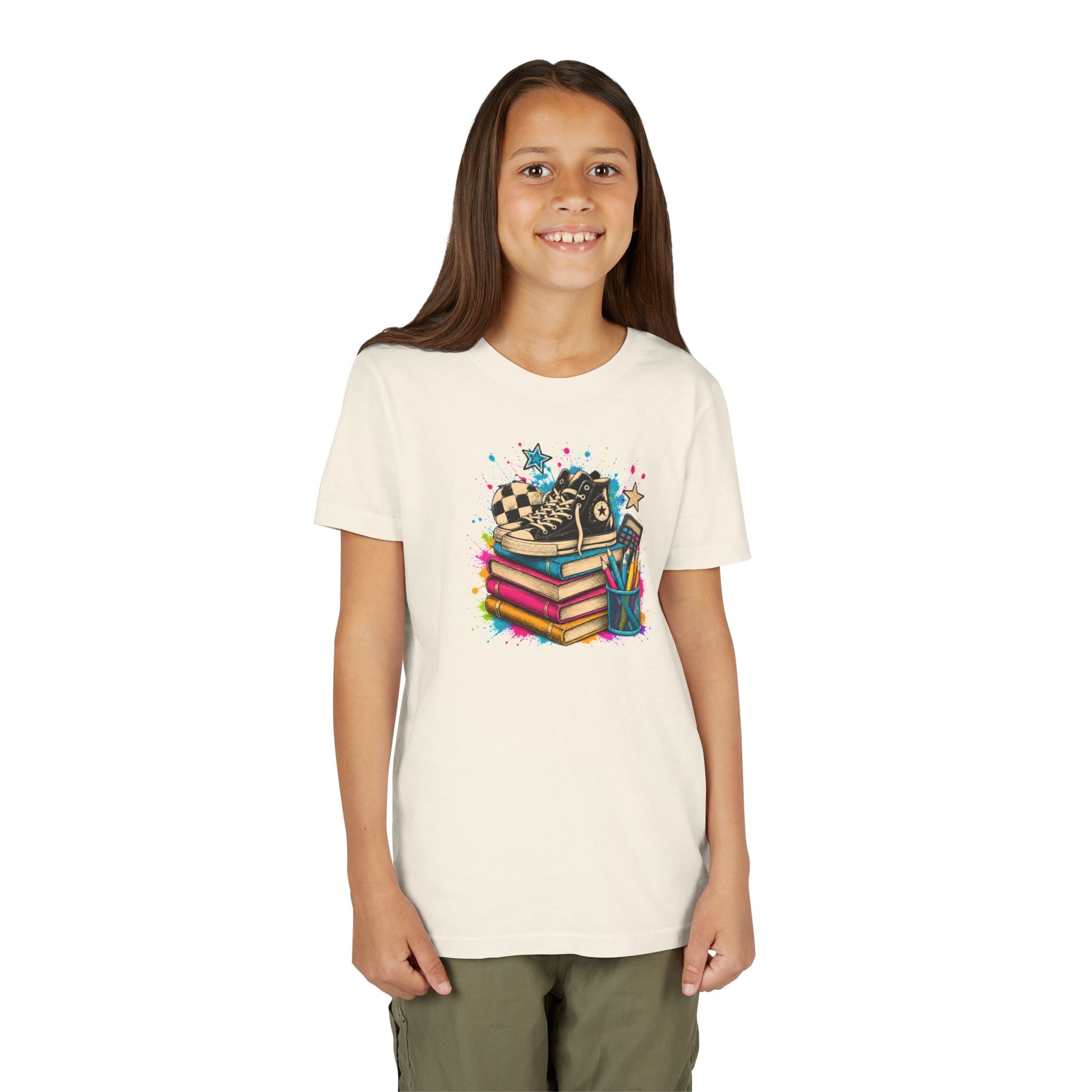 Kids Back-to-School Tee — Colorful Books, Sneakers & Pencils Graphic