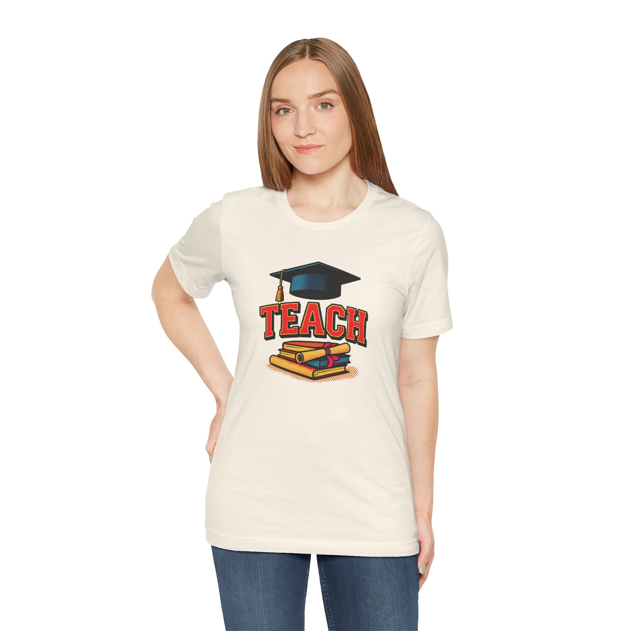 Teach Graduation T‑Shirt — Teacher Gift Tee with Cap & Books Design