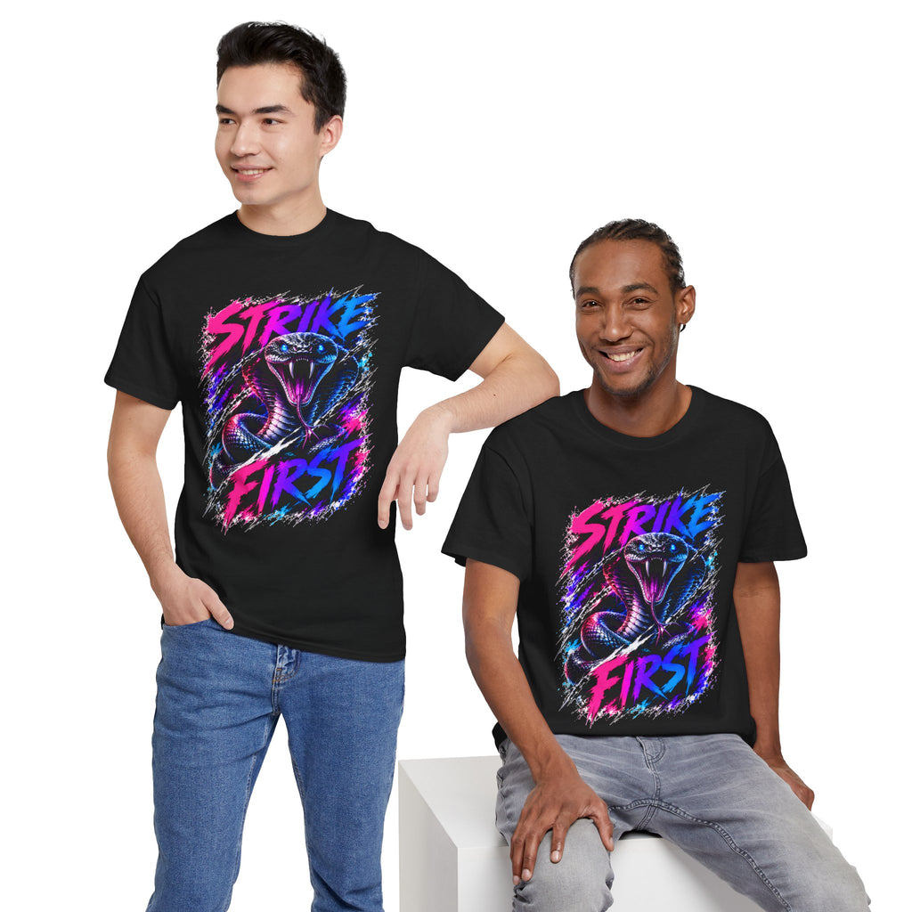 Strike First Cobra T-Shirt | Neon Snake Graphic Tee | Bold Streetwear Shirt | Unisex Graphic Tee