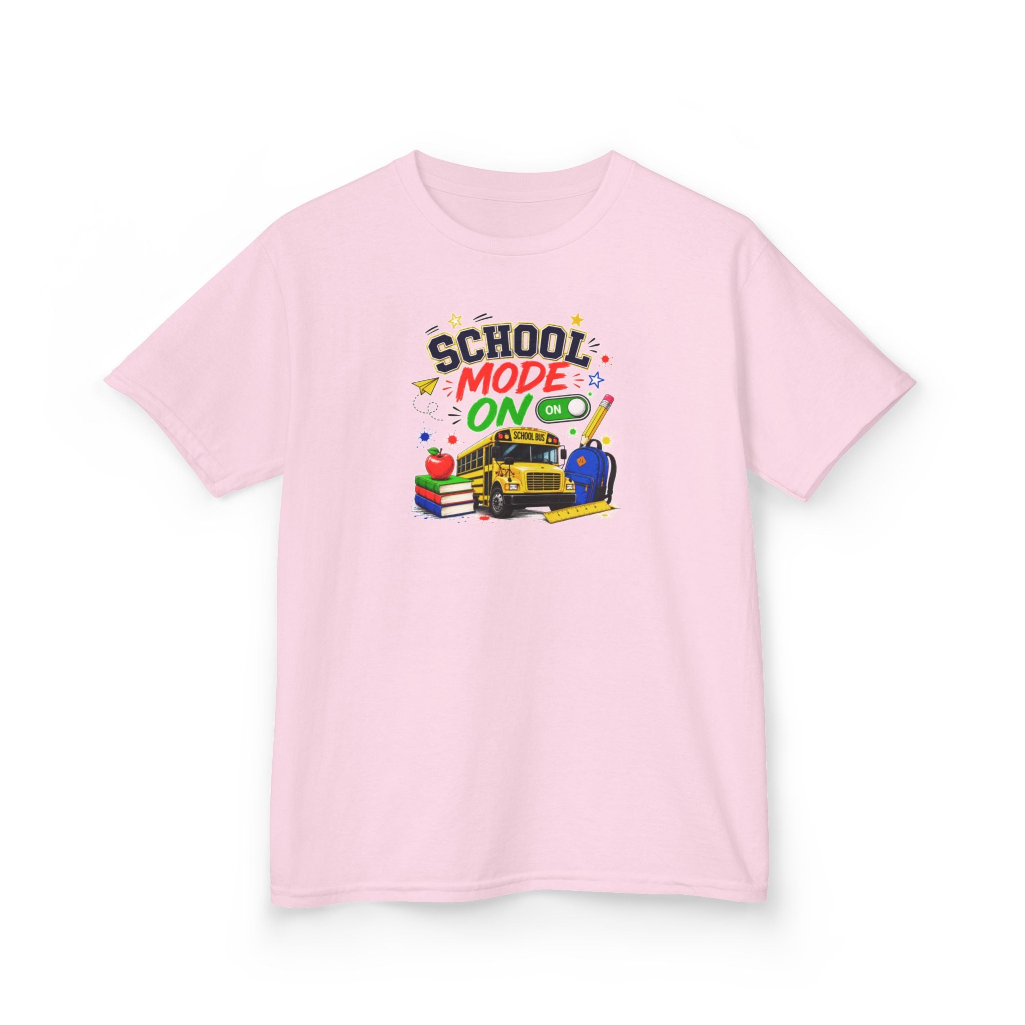 School Mode On Kids T‑Shirt — Back-to-School Graphic Tee with Bus, Books & Apple