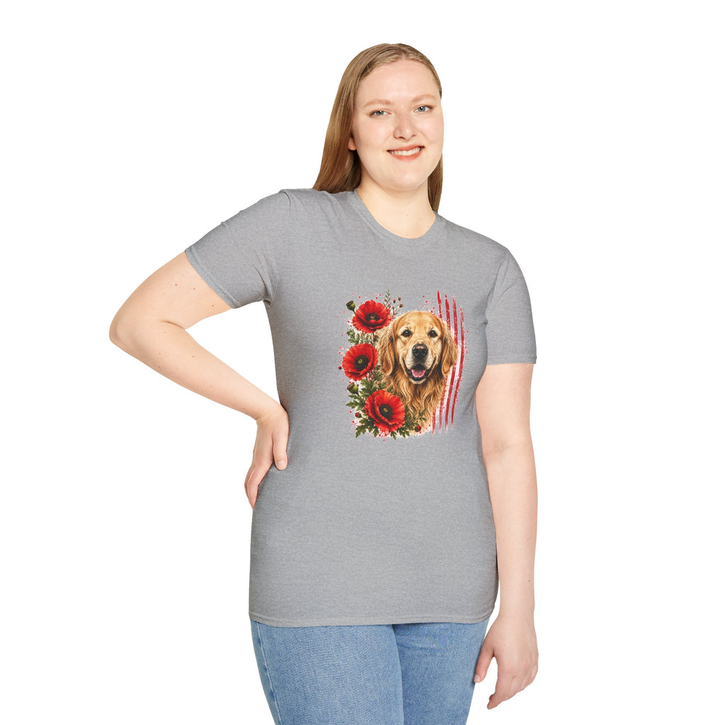 Golden Retriever Poppy T-Shirt | Patriotic Dog Lover Shirt | Golden Retriever Mom Gift | Floral Dog Graphic Tee | Unisex USA Shirt