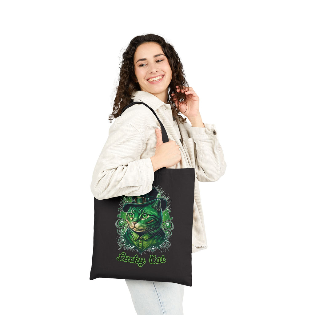 Lucky Cat Tote Bag – St. Patrick’s Day Green Kitty Canvas Tote