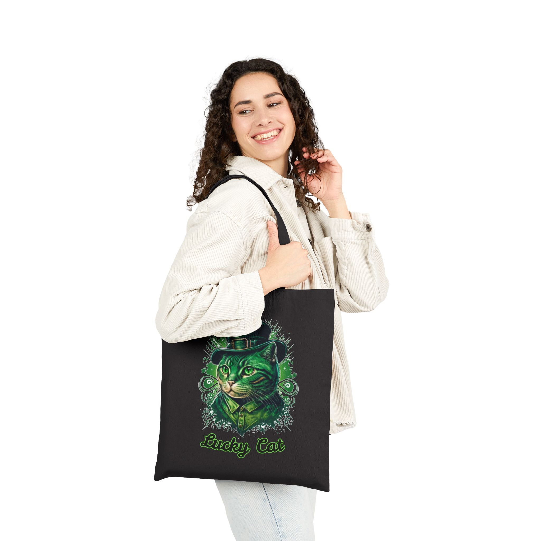 Lucky Cat Tote Bag – St. Patrick’s Day Green Kitty Canvas Tote