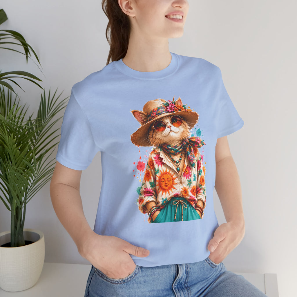Boho Cat Graphic Tee — Floral Hat & Sunshine Cat T-Shirt