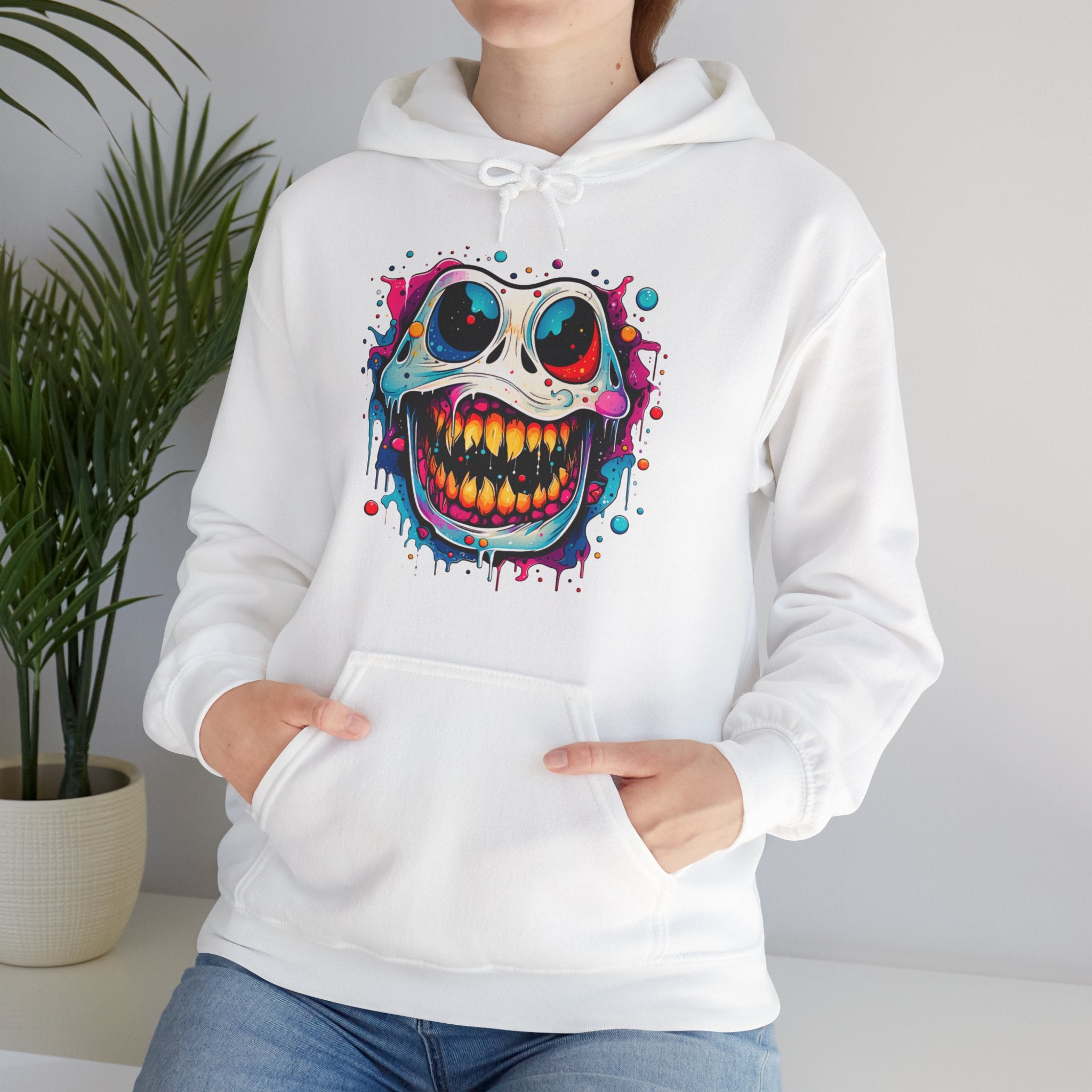 Unisex Skull Smile Hoodie - Colorful Drippy Graffiti Skull Pullover