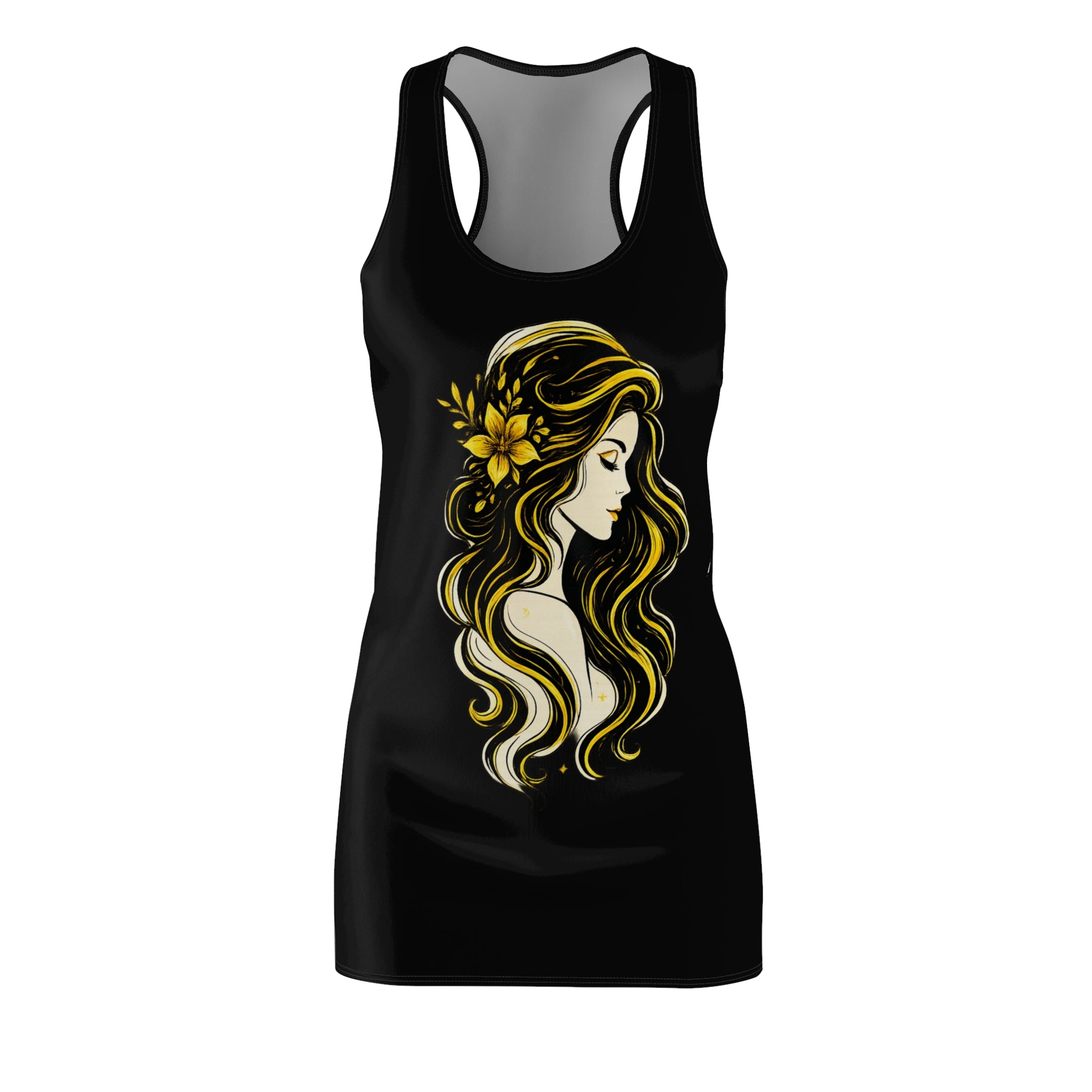 Boho Woman Tank Dress, Black Summer Dress, Graphic Racerback Dress, Minimalist Girl Illustration, Casual Beach Dress, Gift for Her