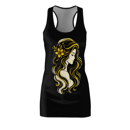 Boho Woman Tank Dress, Black Summer Dress, Graphic Racerback Dress, Minimalist Girl Illustration, Casual Beach Dress, Gift for Her