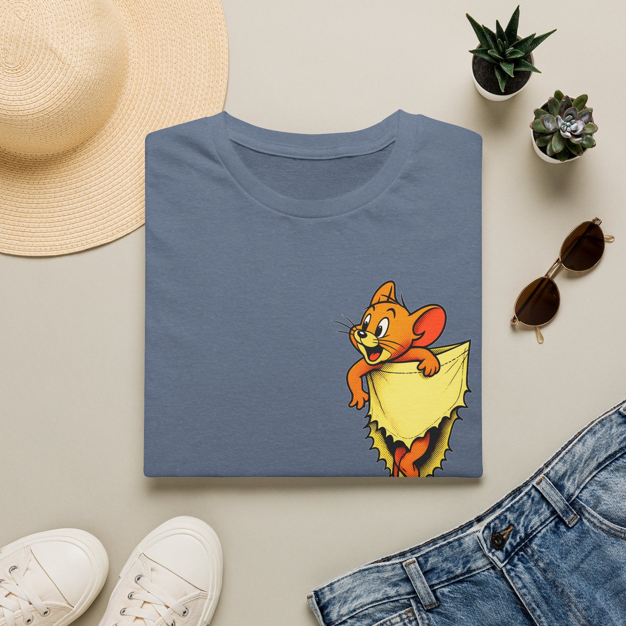 Jerry Pocket Tee — Cute Cartoon Mouse Peeking From Cheese T-Shirt