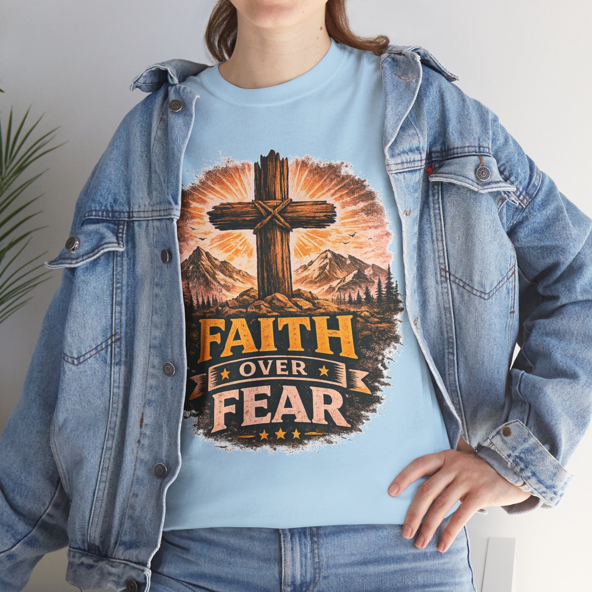 Faith Over Fear T-Shirt | Christian Cross Shirt | Religious Graphic Tee | Bible Verse Gift | Men's Faith Shirt