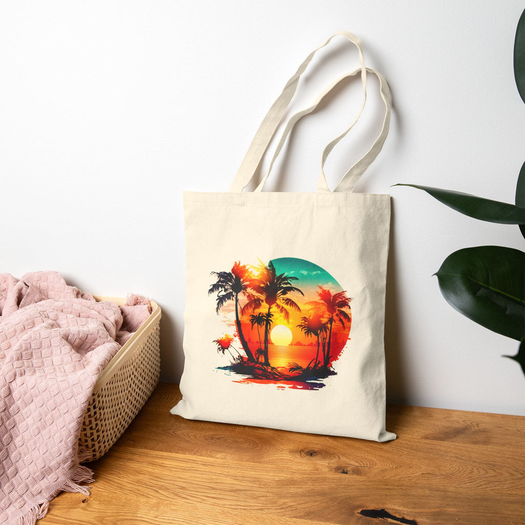 Tropical Sunset Tote Bag, Beach Canvas Tote, Summer Palm Tree Bag, Aesthetic Beach Bag