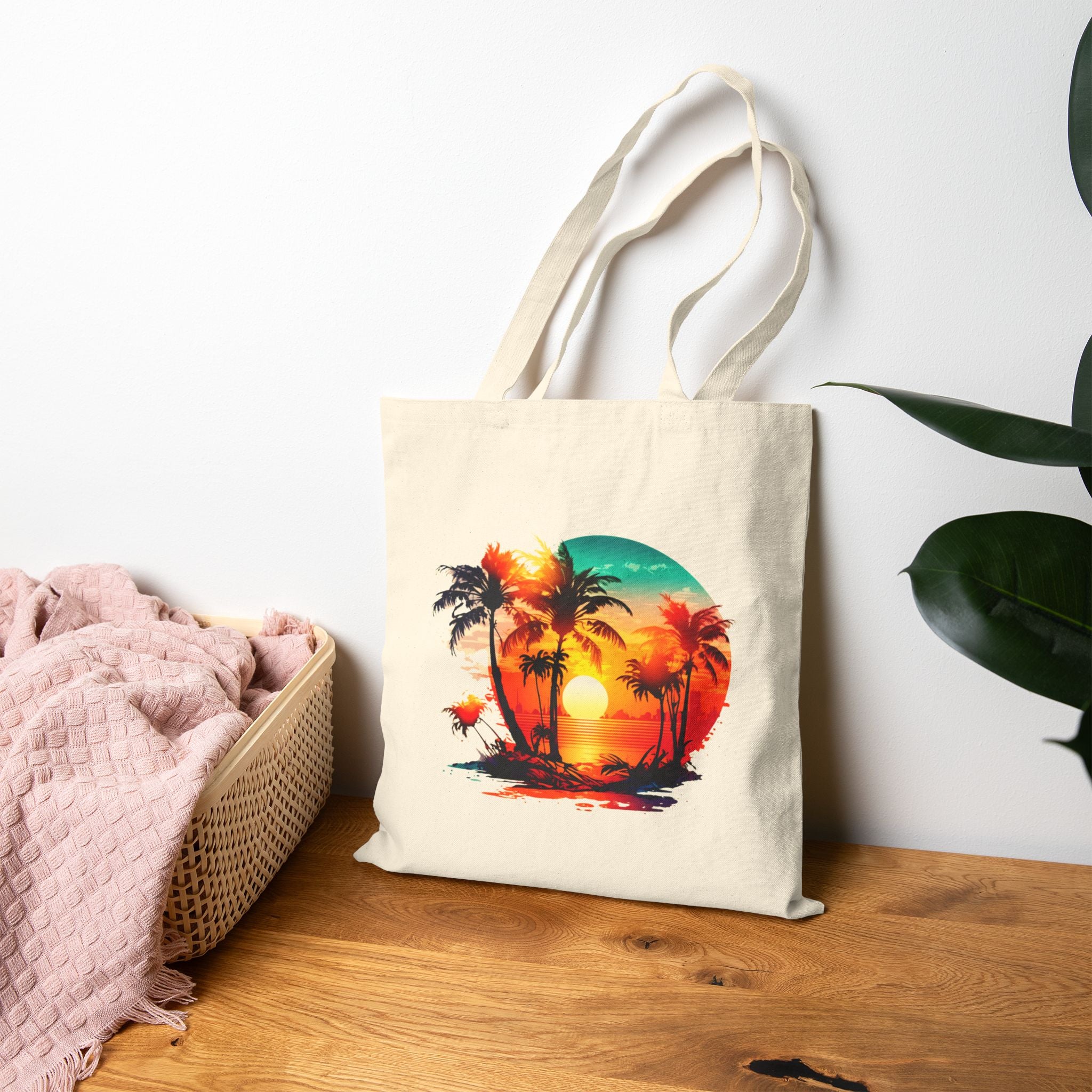 Tropical Sunset Tote Bag, Beach Canvas Tote, Summer Palm Tree Bag, Aesthetic Beach Bag